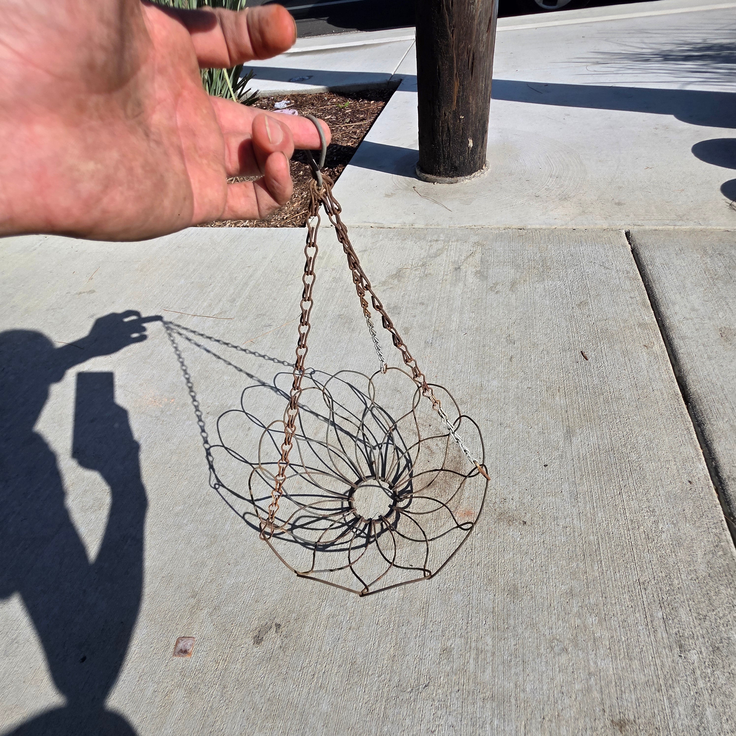 Vintage Mid-Century Scalloped Wire Hanging Planter Basket with Chain