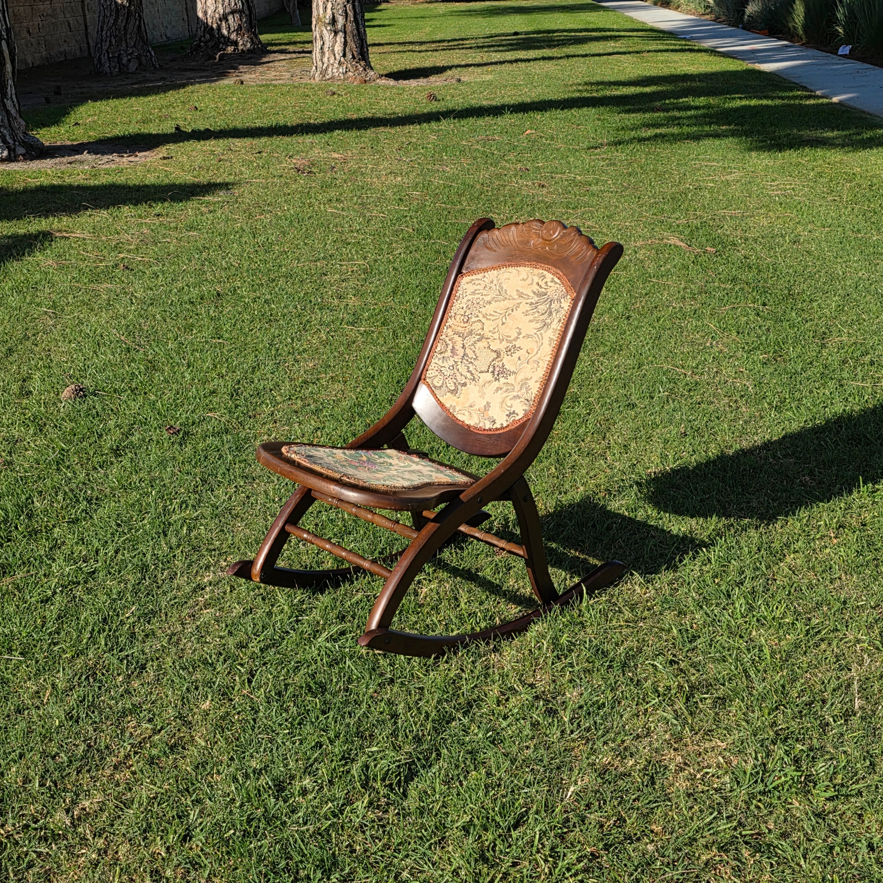 Vintage Carved Wood Folding Rocking Chair with Floral Tapestry Upholstery