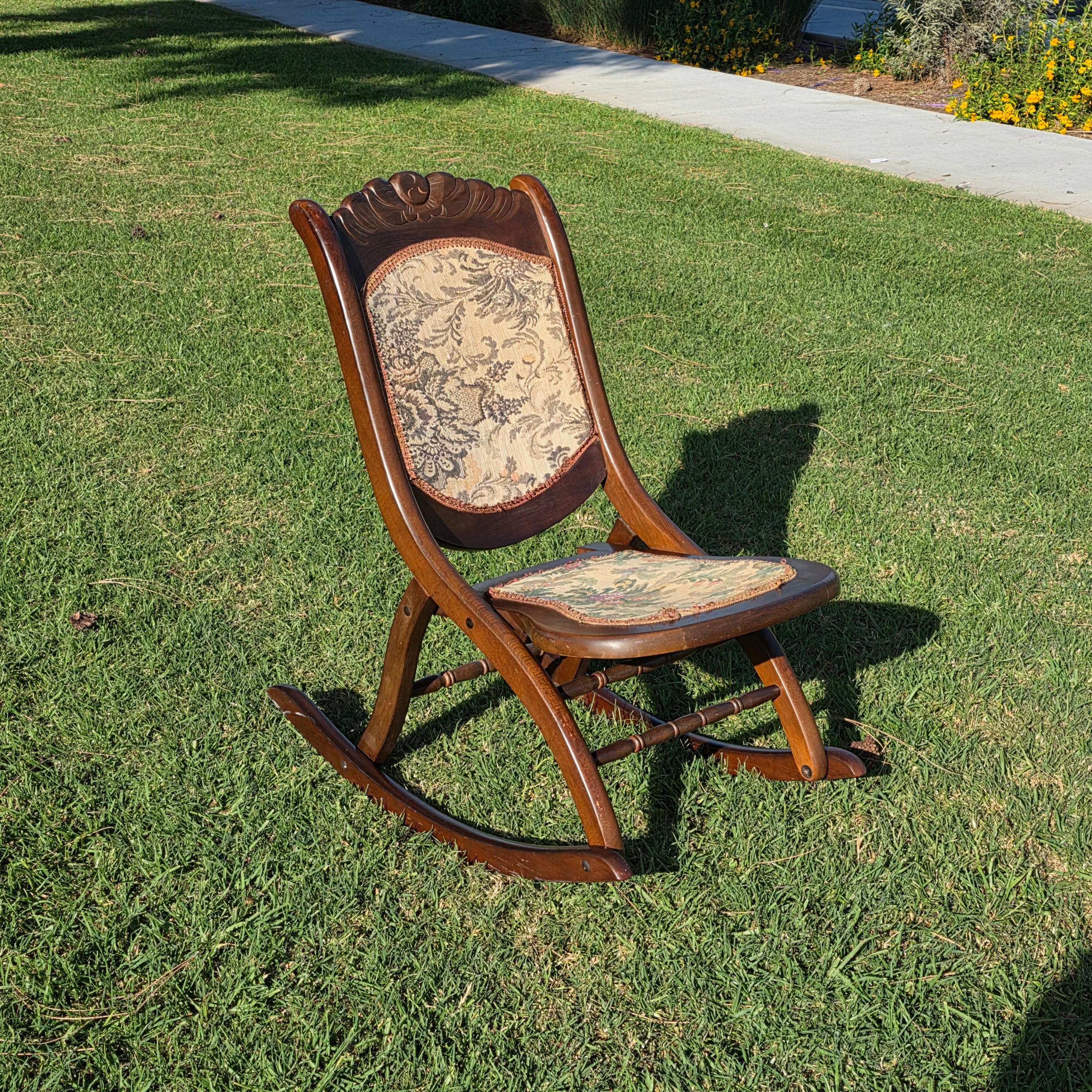 Vintage Carved Wood Folding Rocking Chair with Floral Tapestry Upholstery