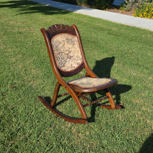 Vintage Carved Wood Folding Rocking Chair with Floral Tapestry Upholstery