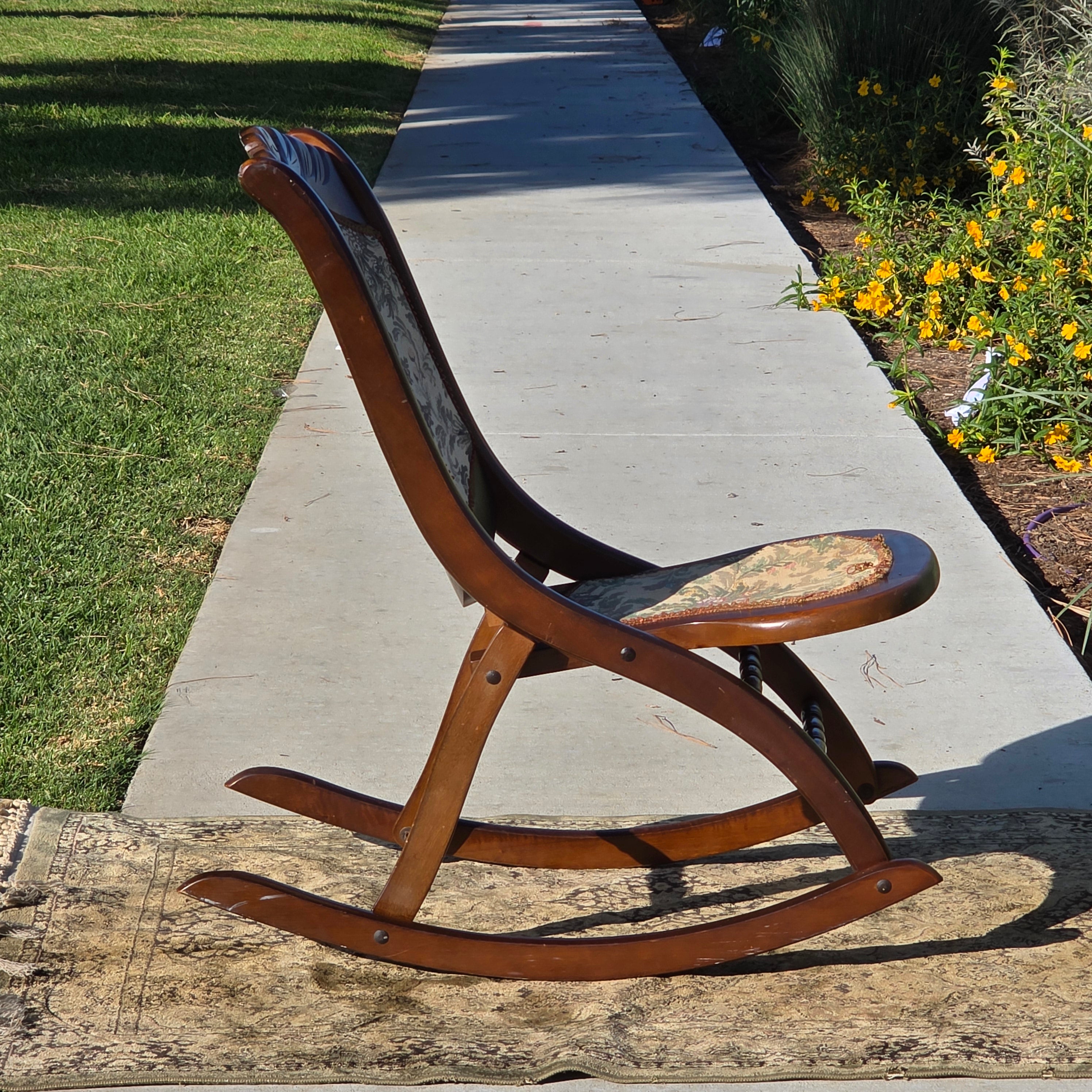 Vintage Carved Wood Folding Rocking Chair with Floral Tapestry Upholstery
