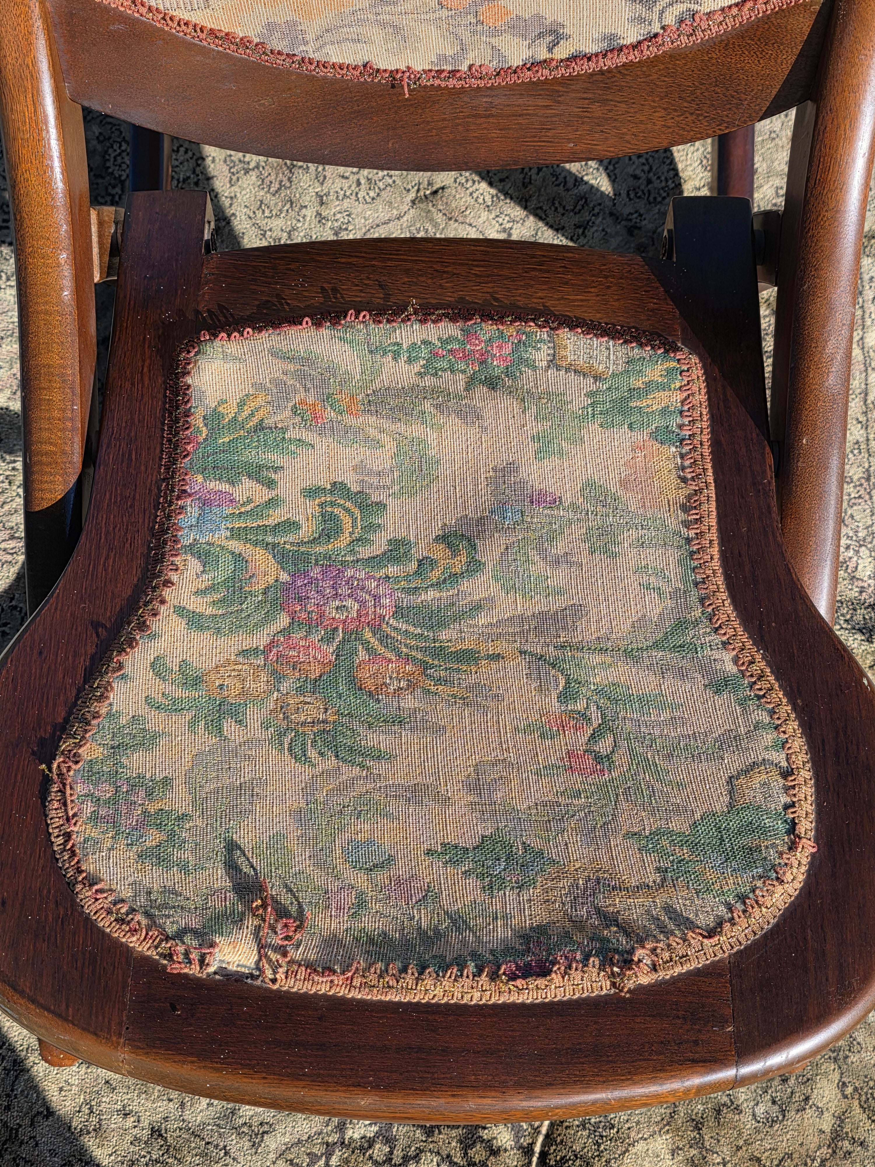 Vintage Carved Wood Folding Rocking Chair with Floral Tapestry Upholstery