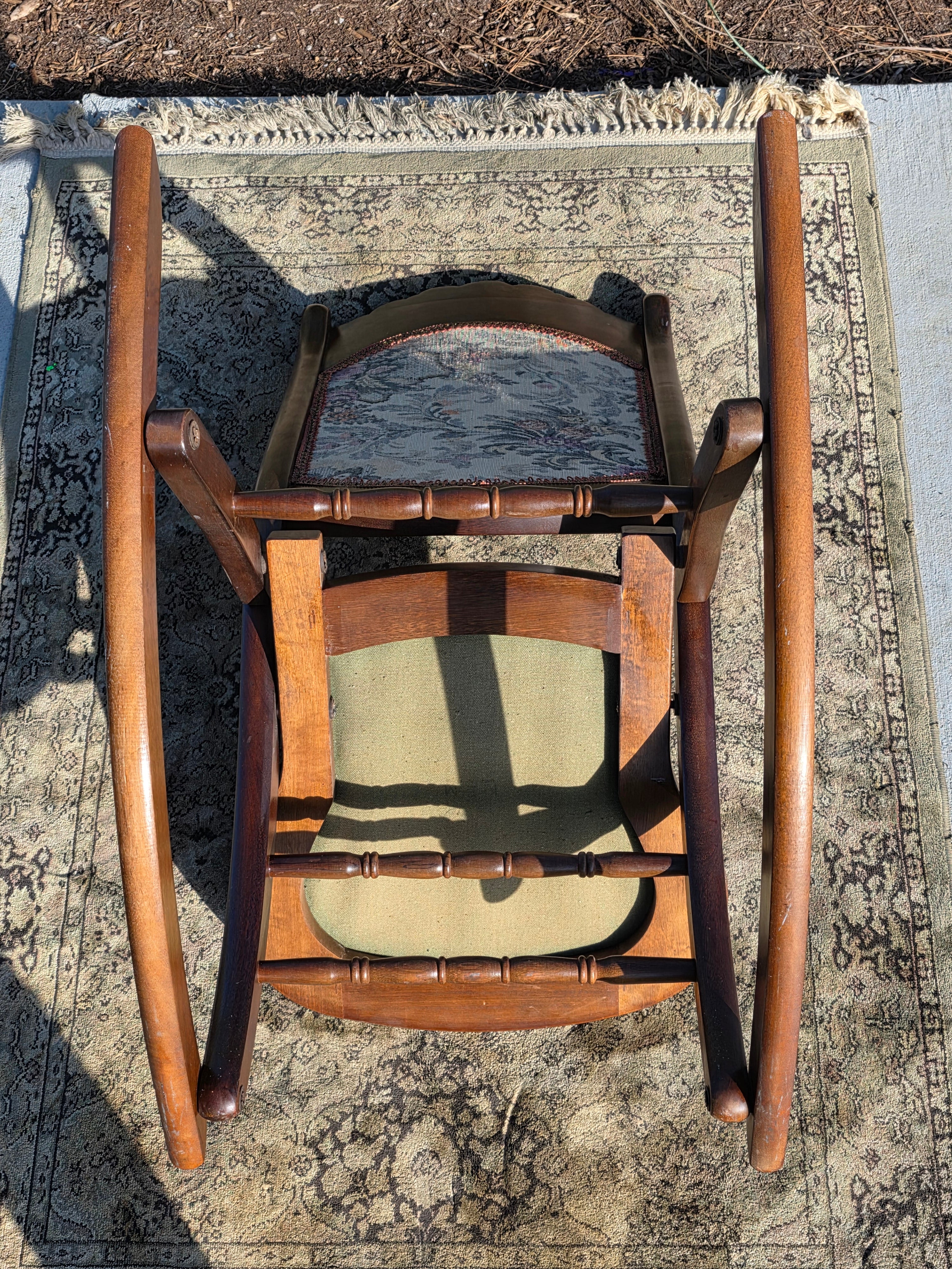 Vintage Carved Wood Folding Rocking Chair with Floral Tapestry Upholstery