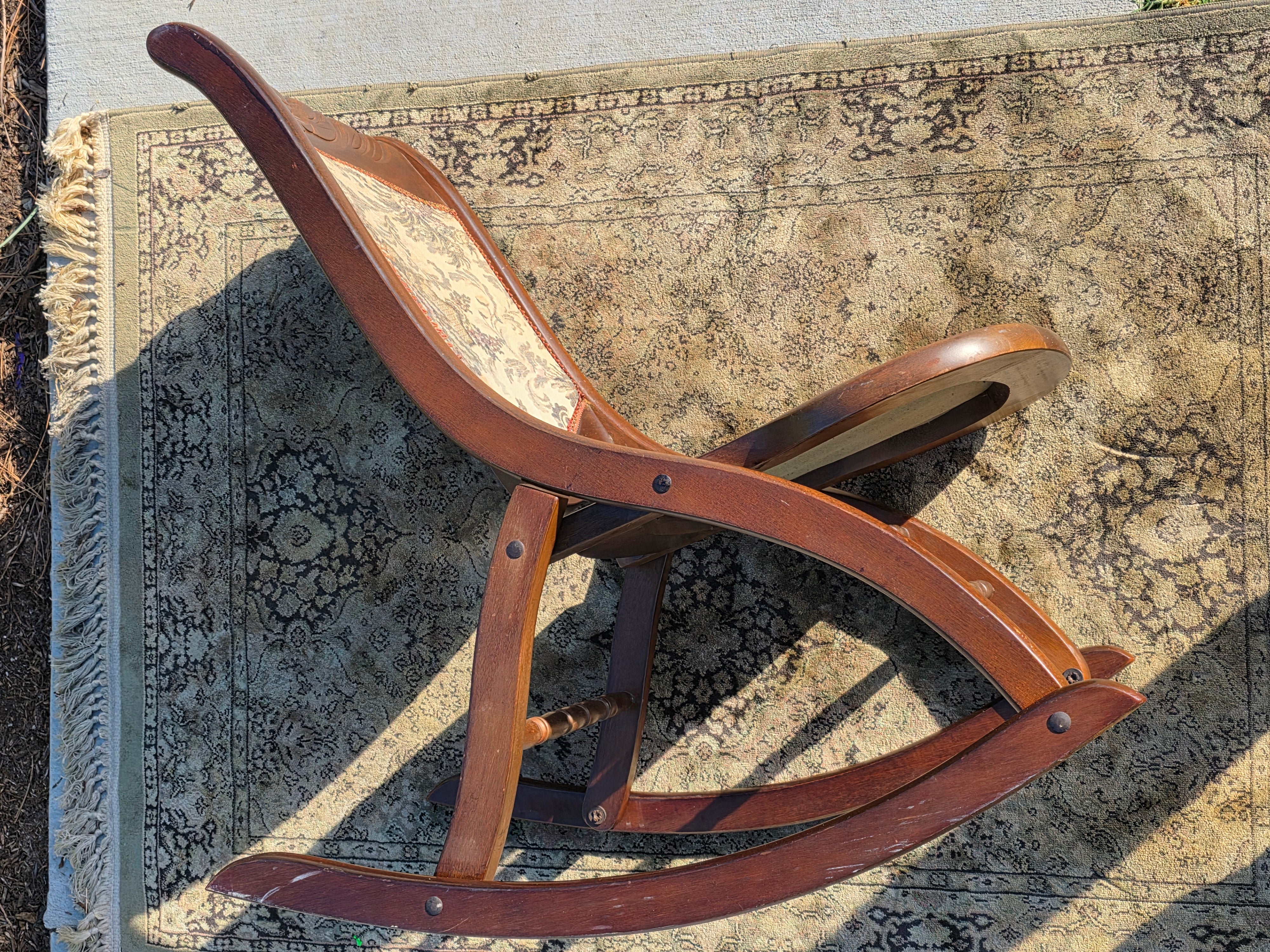 Vintage Carved Wood Folding Rocking Chair with Floral Tapestry Upholstery