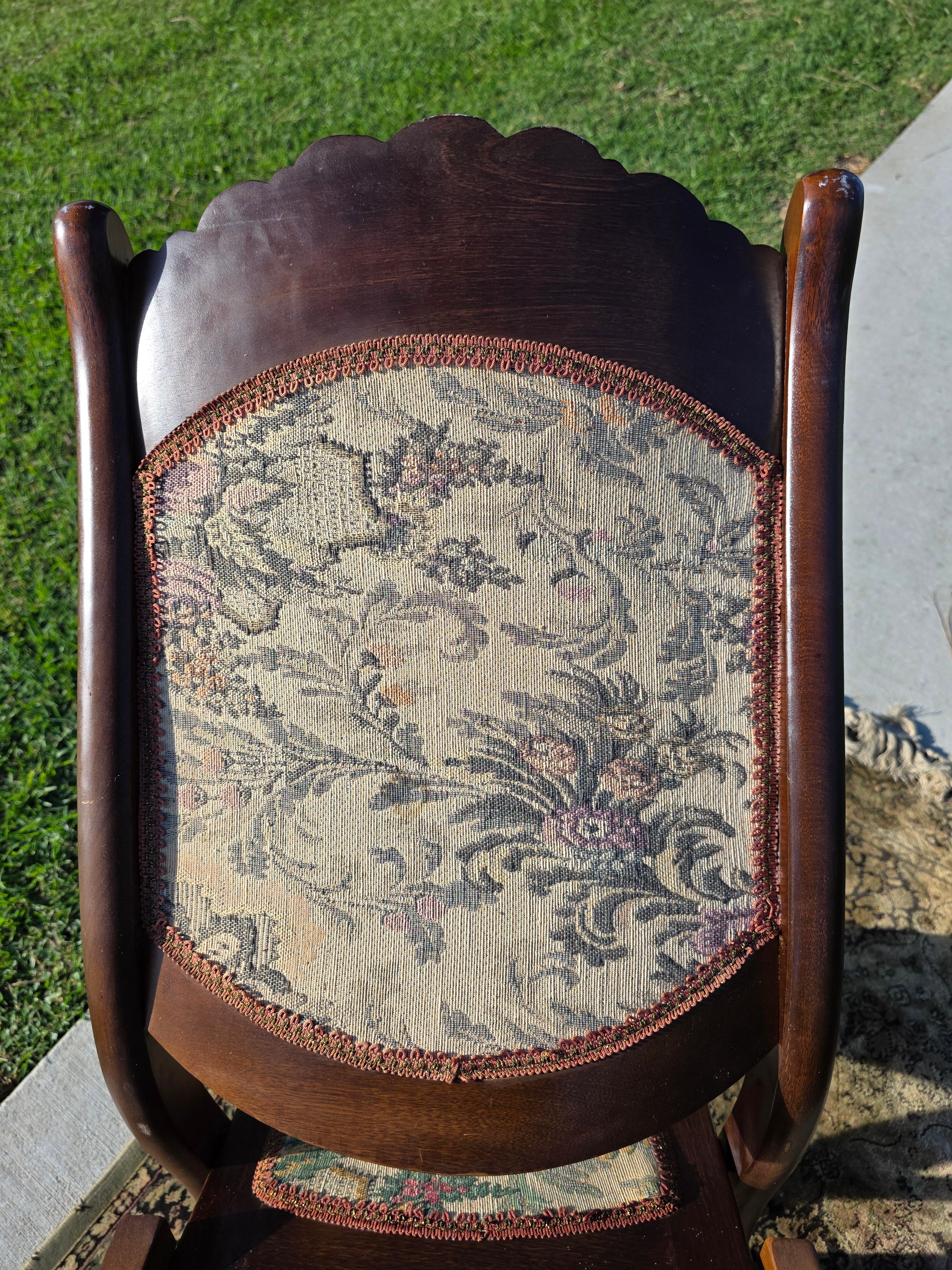 Vintage Carved Wood Folding Rocking Chair with Floral Tapestry Upholstery