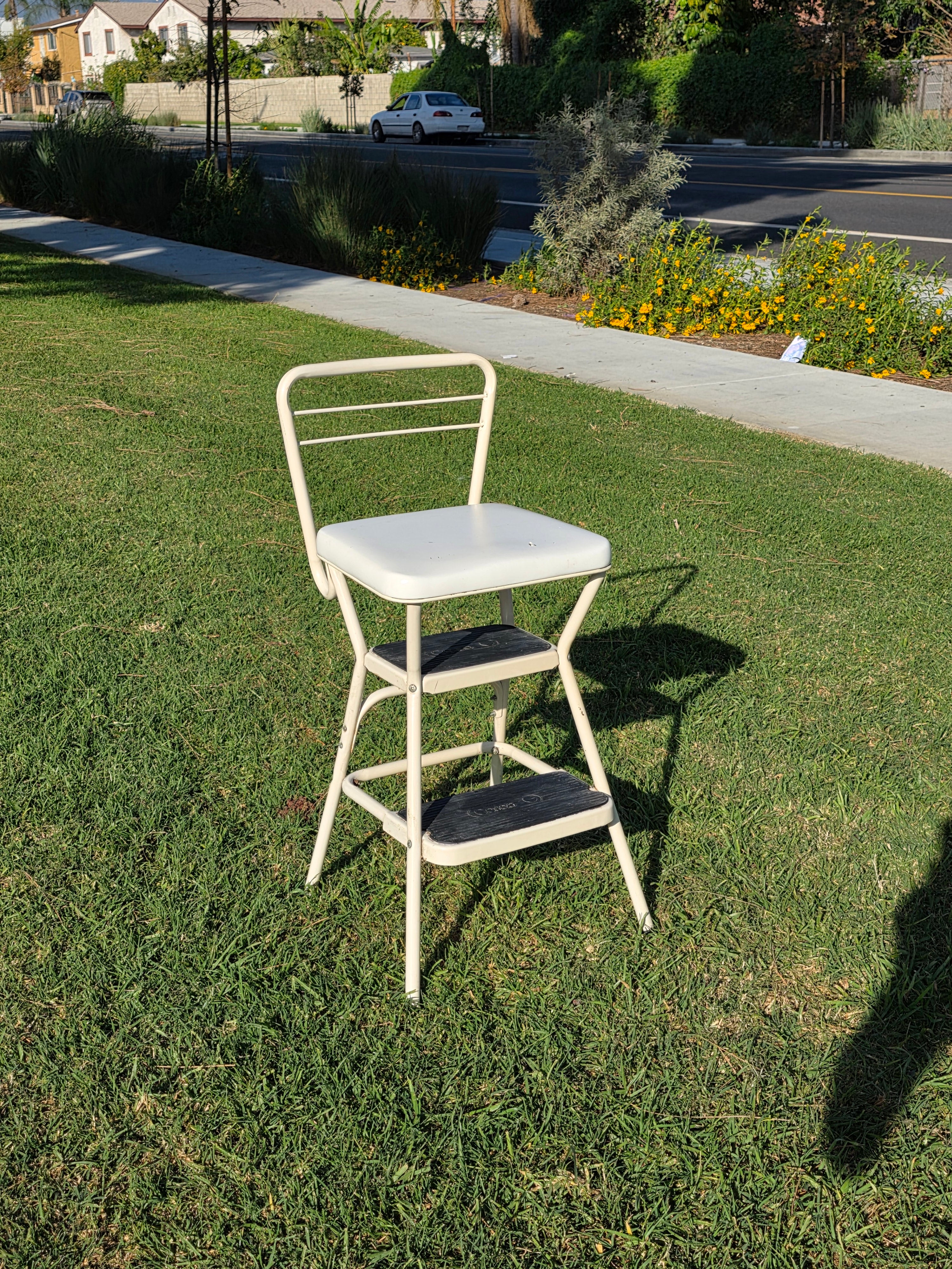 Vintage Cosco Kitchen Step Stool Chair with Lift-Up Seat Cream White