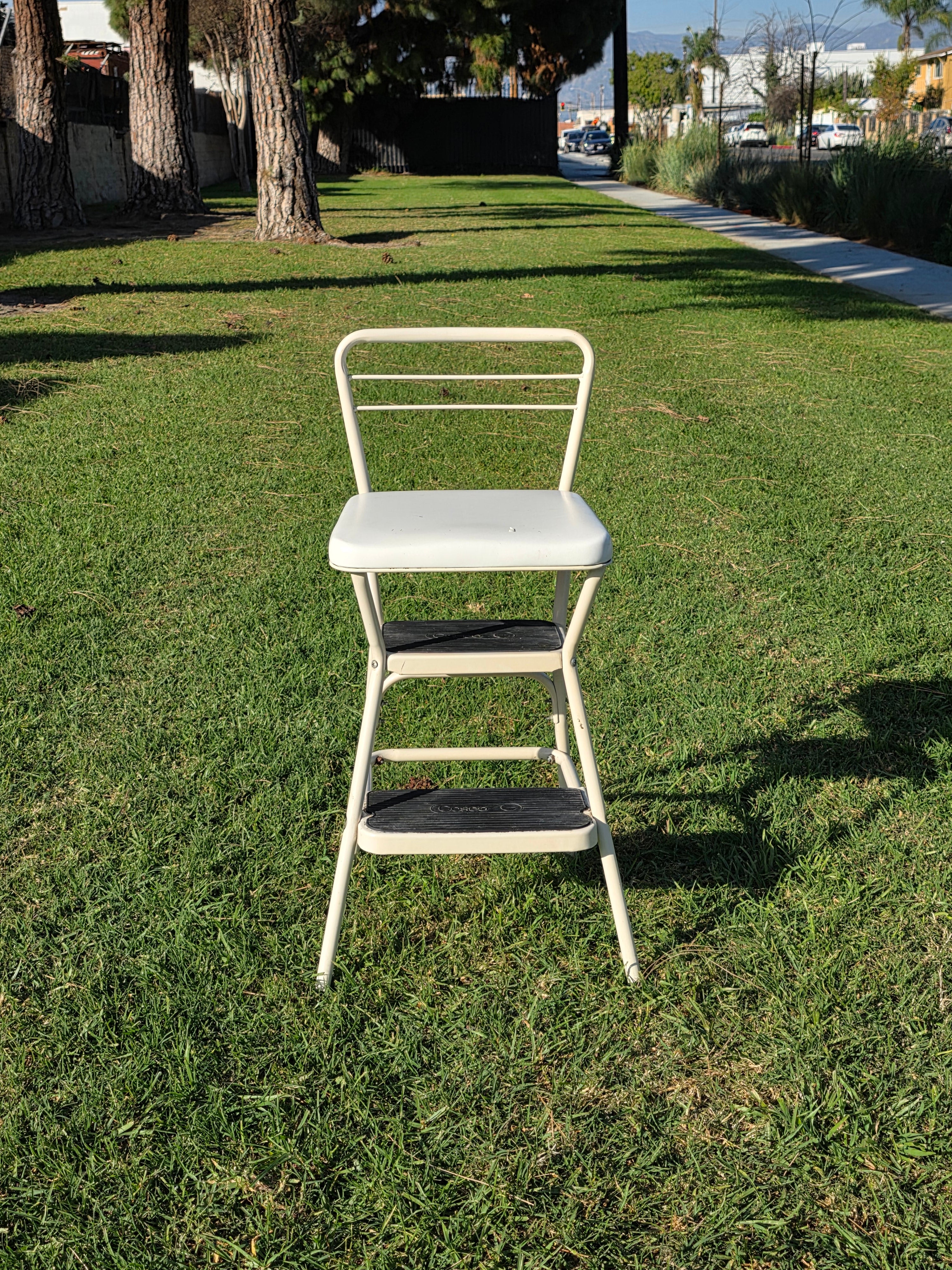Vintage Cosco Kitchen Step Stool Chair with Lift-Up Seat Cream White