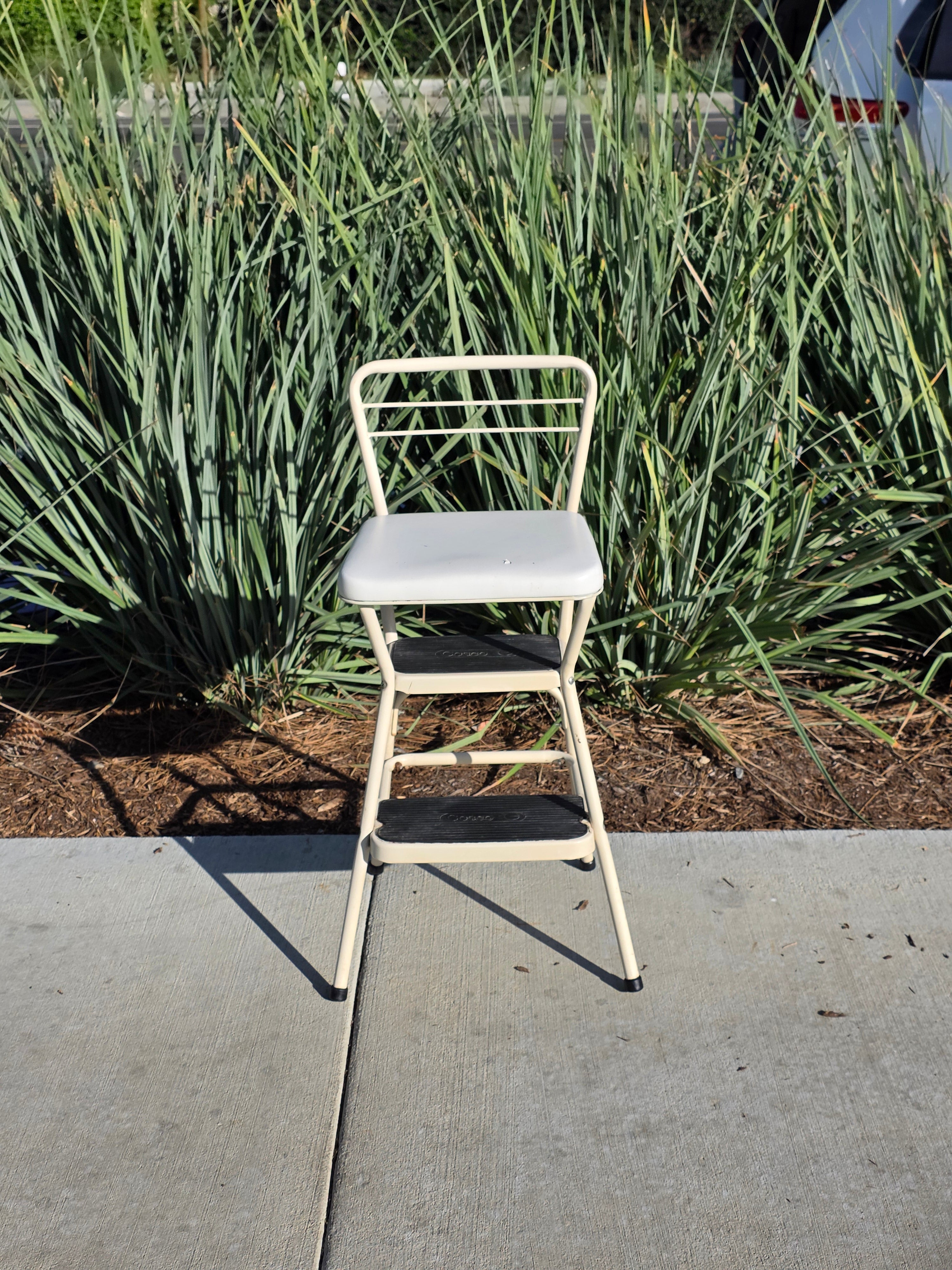 Vintage Cosco Kitchen Step Stool Chair with Lift-Up Seat Cream White