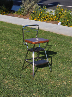 Vintage Cosco Kitchen Step Stool Chair with Lift-Up Seat Chrome & Brown