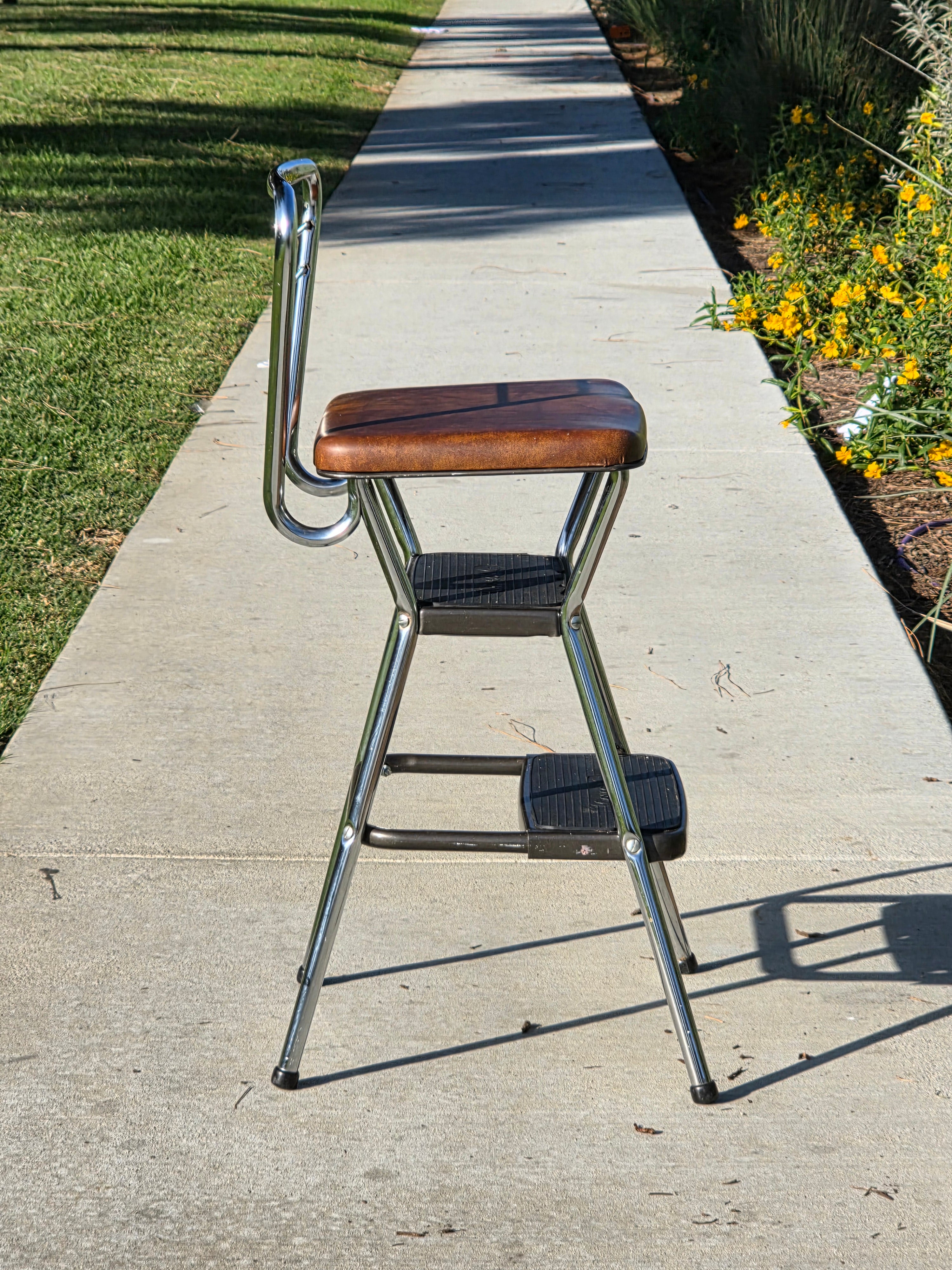 Vintage Cosco Kitchen Step Stool Chair with Lift-Up Seat Chrome & Brown