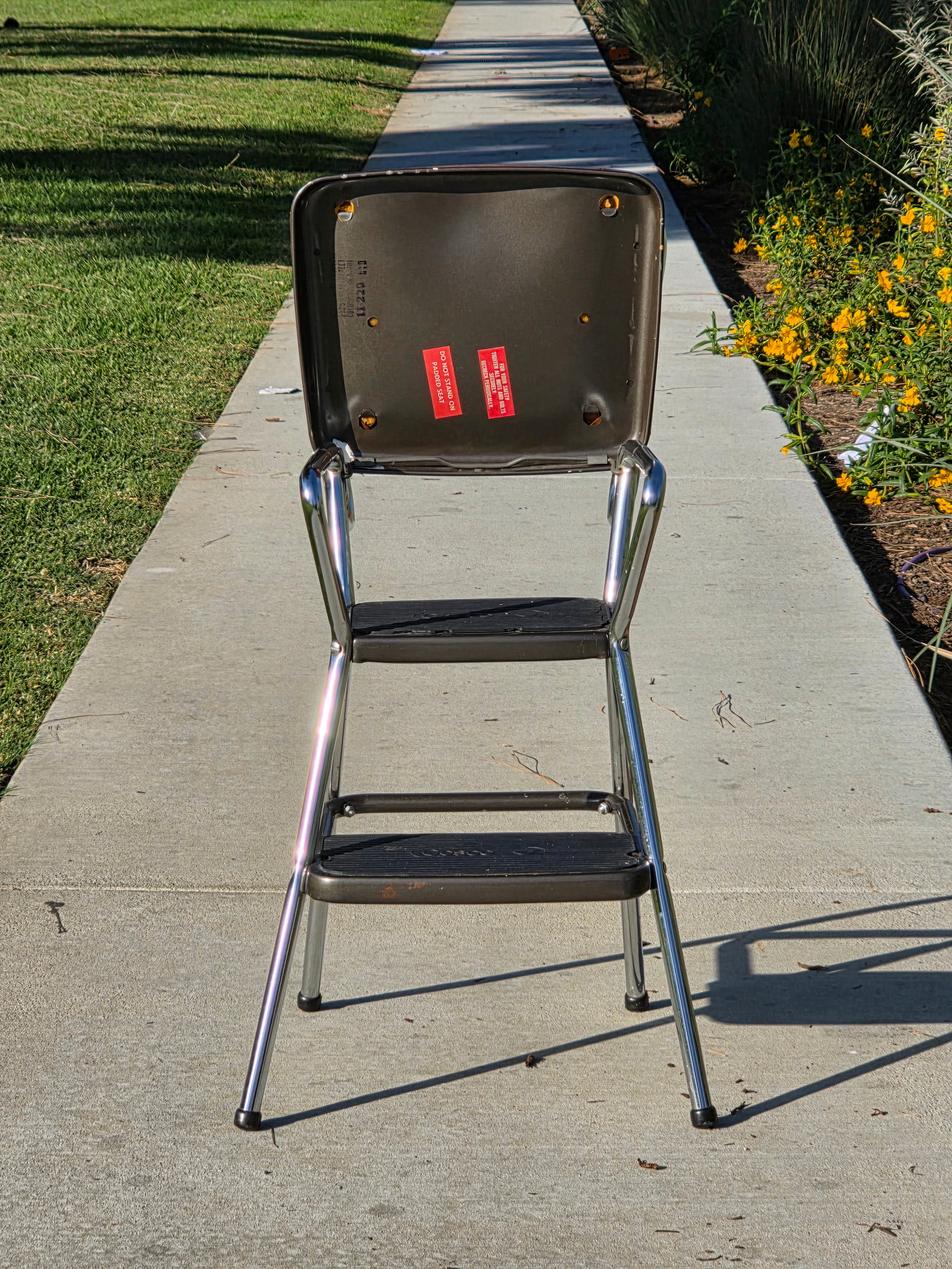 Vintage Cosco Kitchen Step Stool Chair with Lift-Up Seat Chrome & Brown