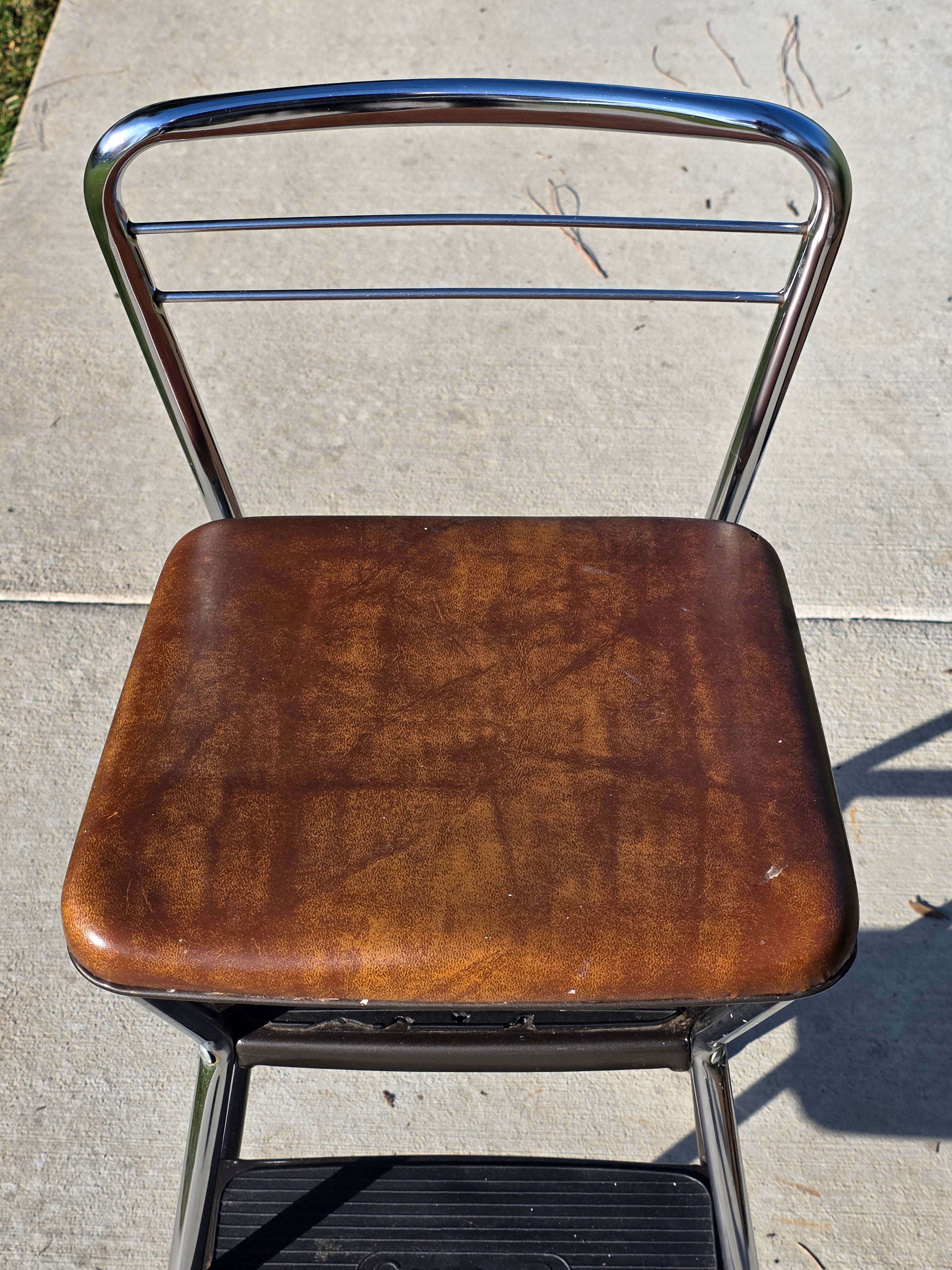 Vintage Cosco Kitchen Step Stool Chair with Lift-Up Seat Chrome & Brown