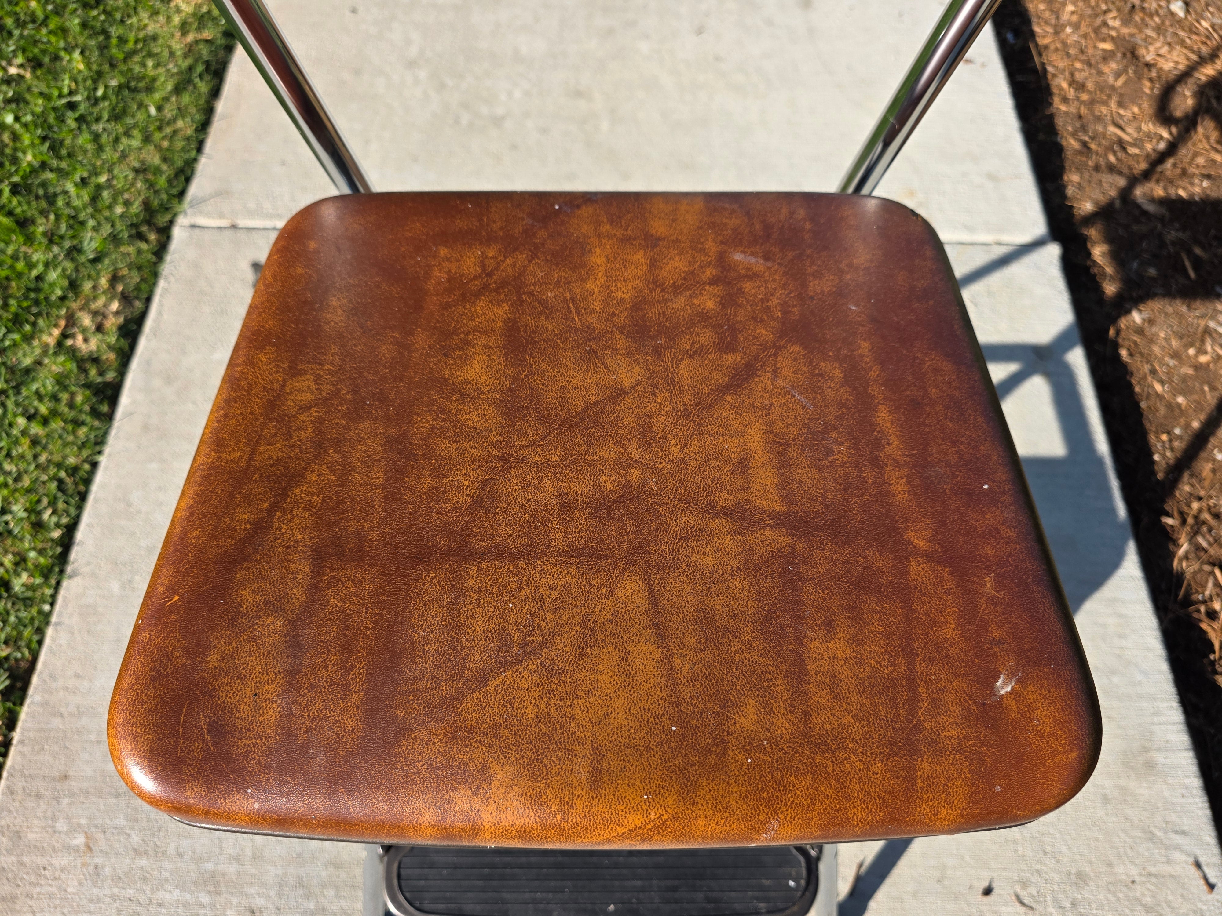 Vintage Cosco Kitchen Step Stool Chair with Lift-Up Seat Chrome & Brown