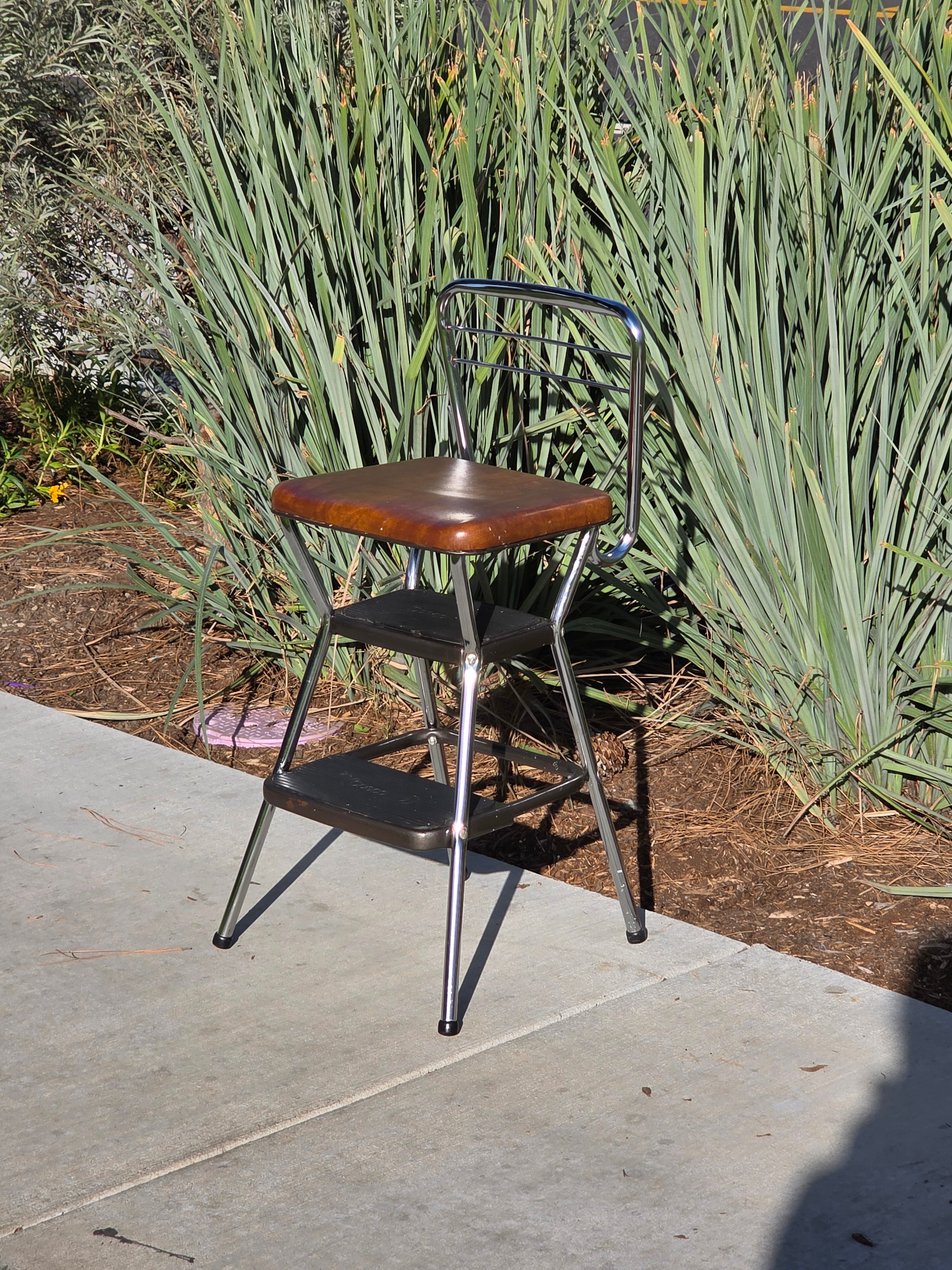 Vintage Cosco Kitchen Step Stool Chair with Lift-Up Seat Chrome & Brown