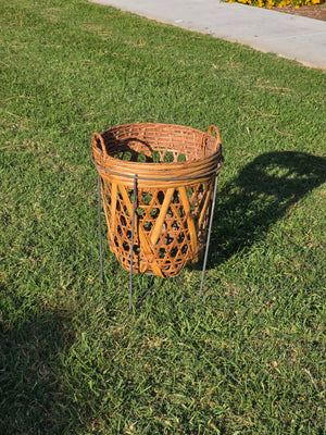 Vintage Boho Bamboo & Rattan Basket with Mid-Century Modern Iron Wire Stand