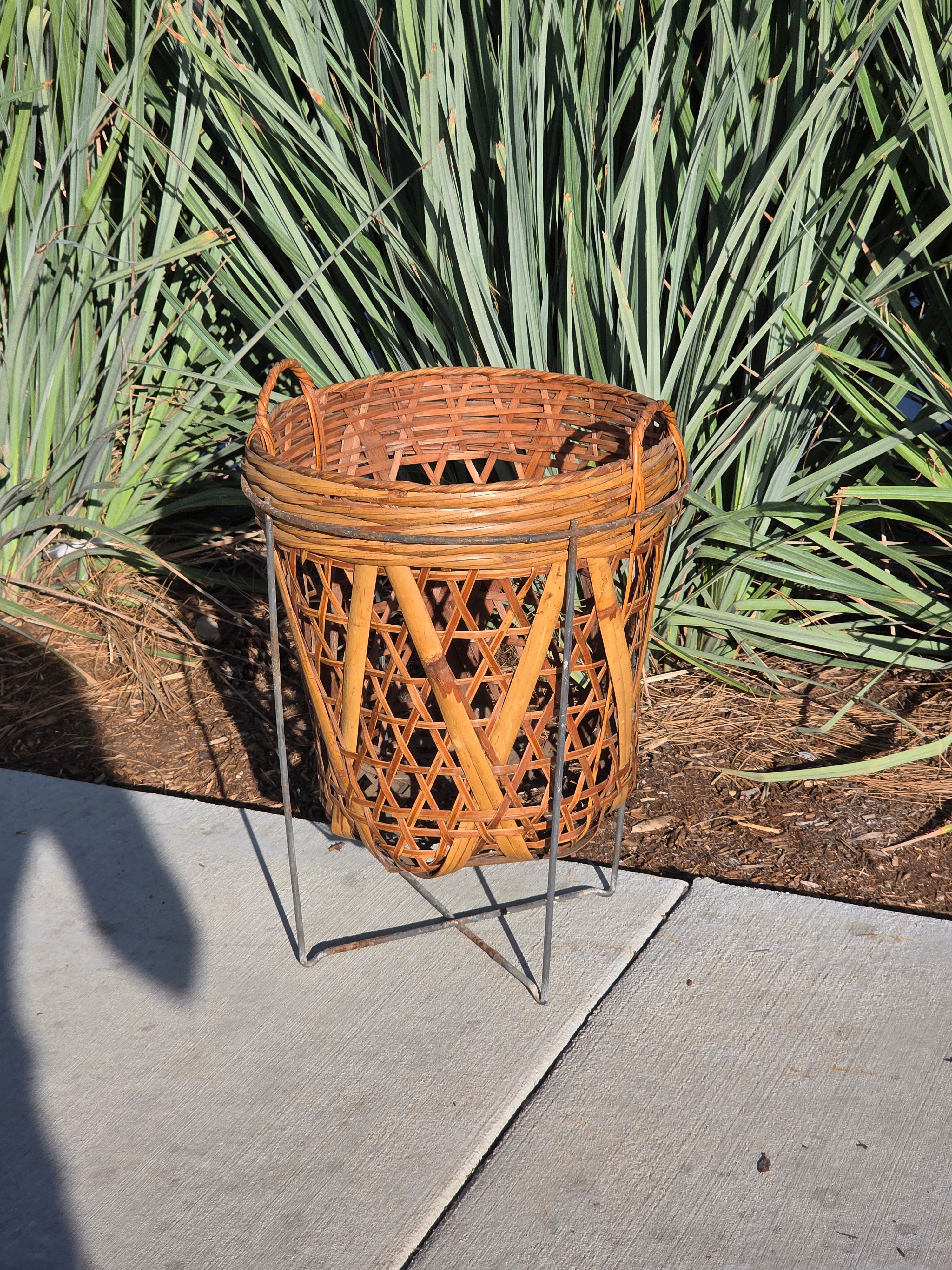 Vintage Boho Bamboo & Rattan Basket with Mid-Century Modern Iron Wire Stand