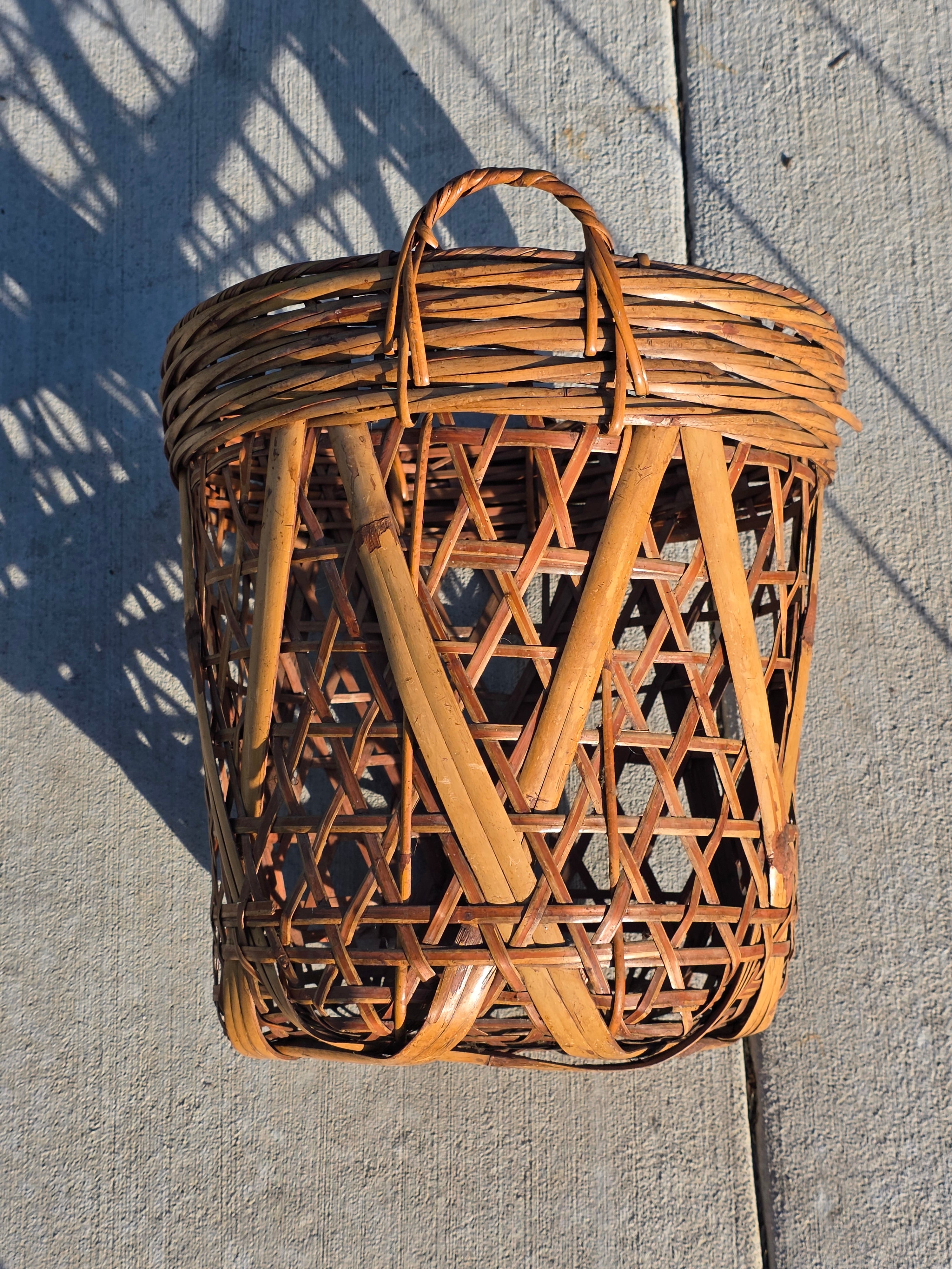 Vintage Boho Bamboo & Rattan Basket with Mid-Century Modern Iron Wire Stand