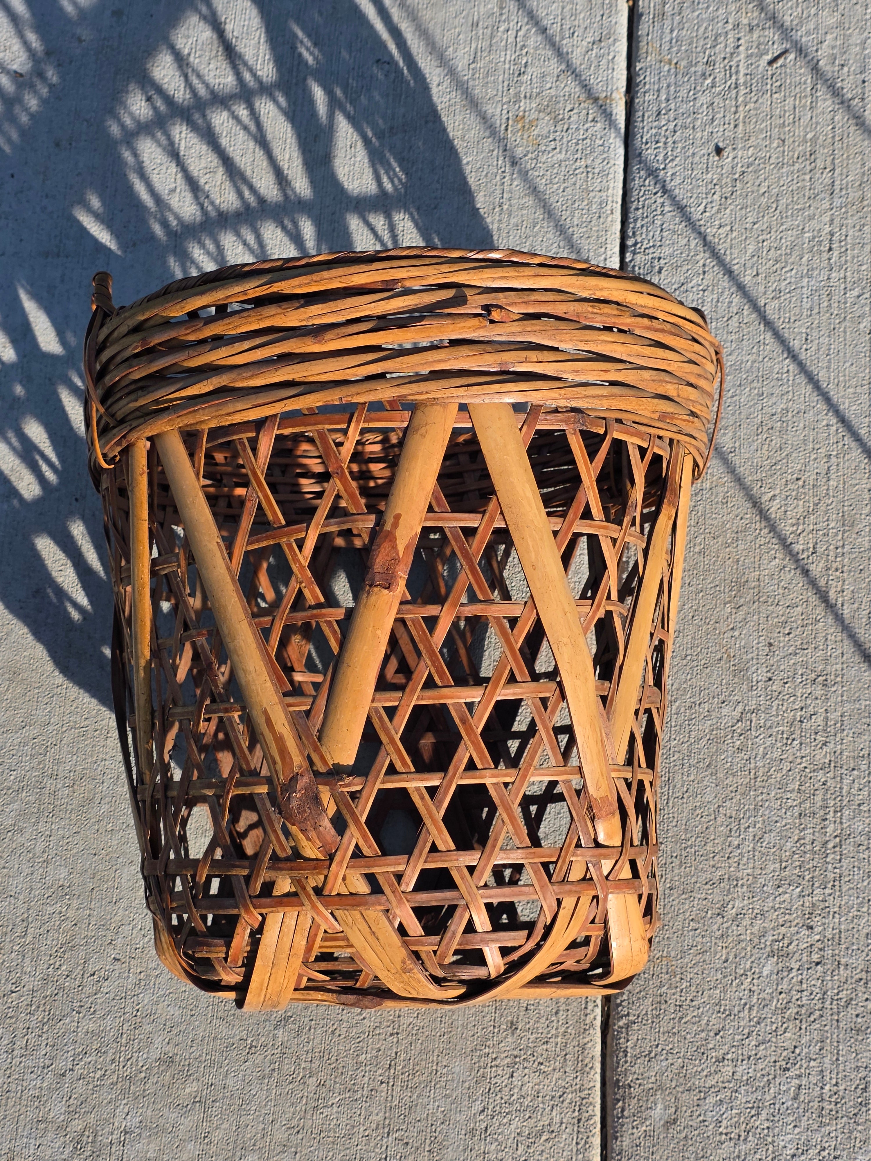 Vintage Boho Bamboo & Rattan Basket with Mid-Century Modern Iron Wire Stand