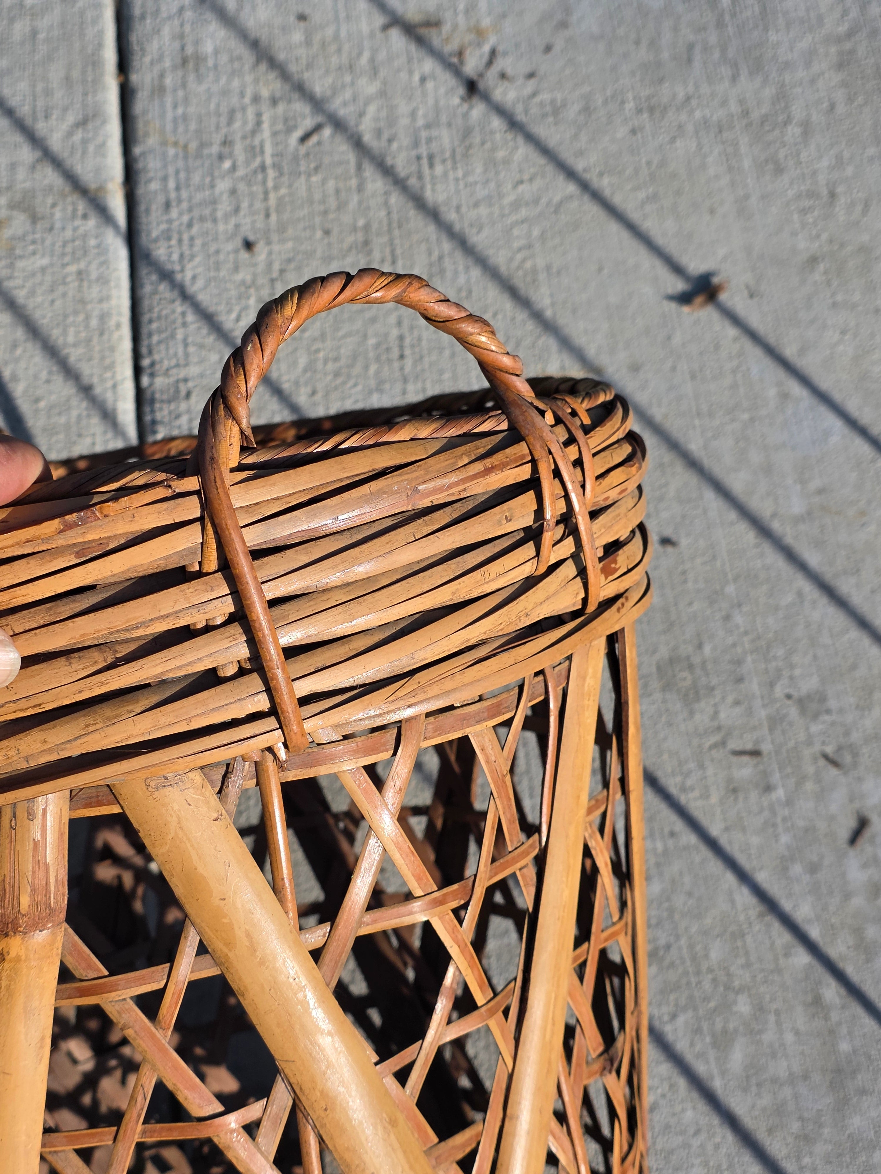 Vintage Boho Bamboo & Rattan Basket with Mid-Century Modern Iron Wire Stand
