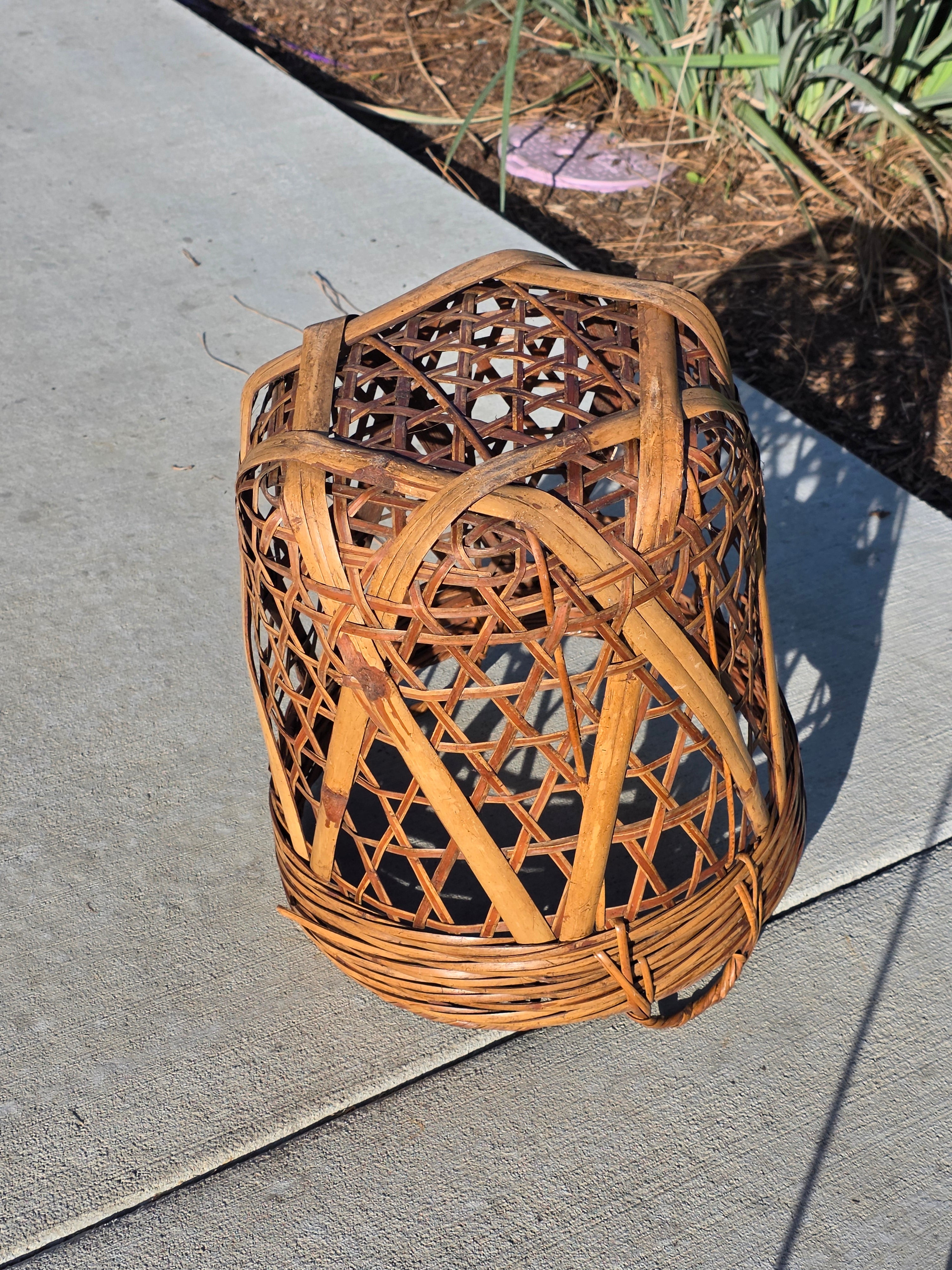 Vintage Boho Bamboo & Rattan Basket with Mid-Century Modern Iron Wire Stand
