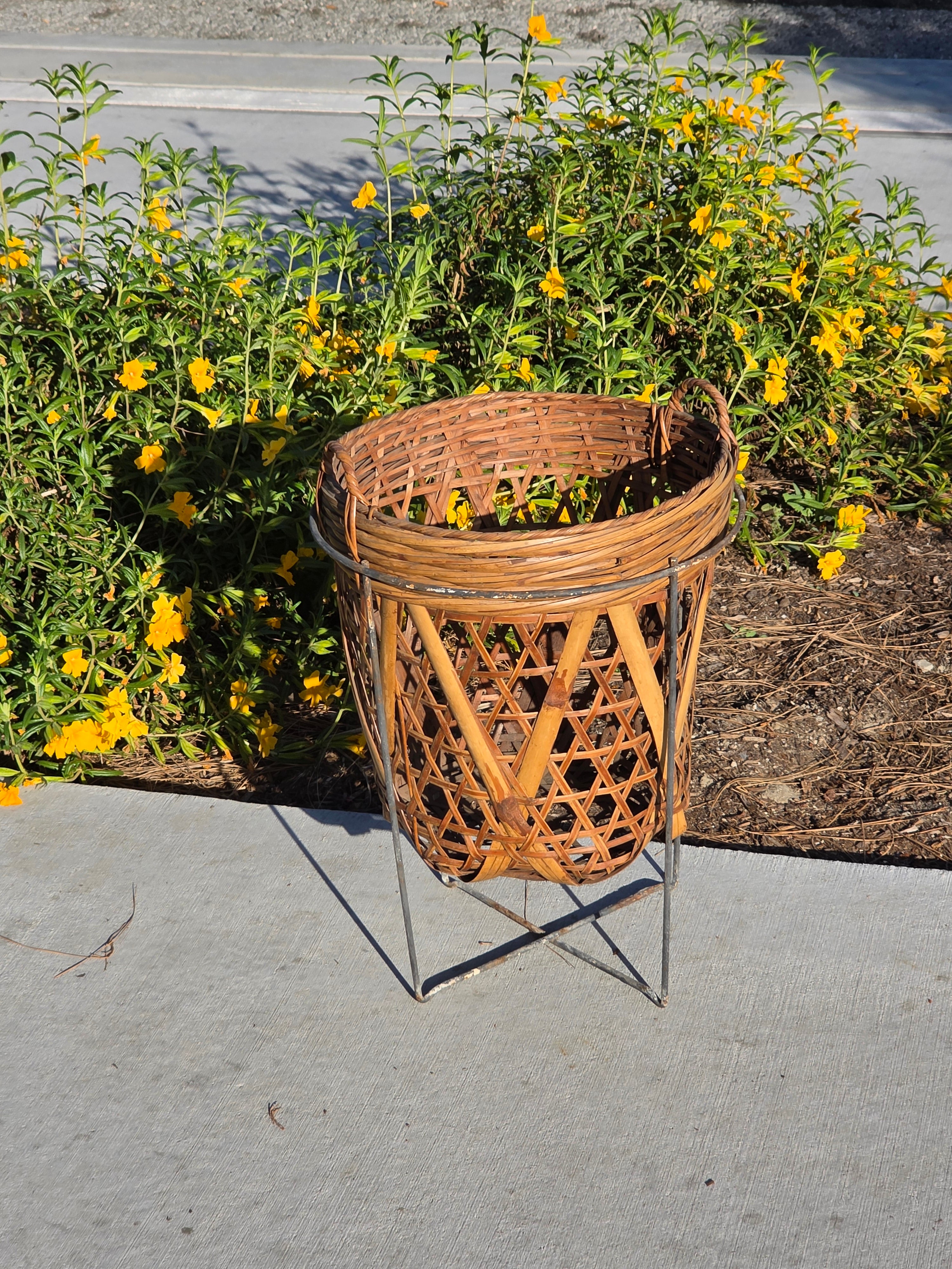 Vintage Boho Bamboo & Rattan Basket with Mid-Century Modern Iron Wire Stand