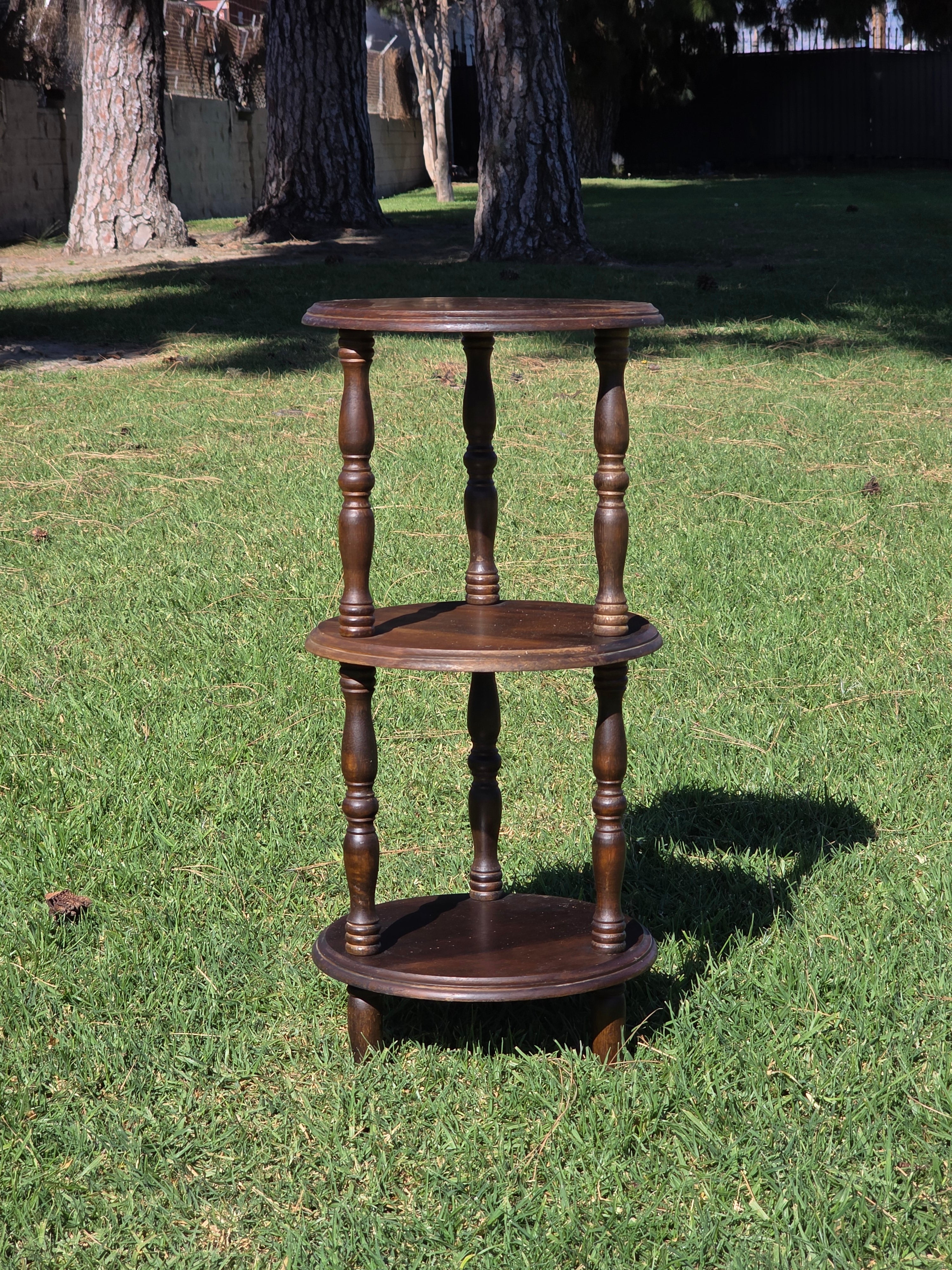 Vintage 3-Tier Turned Wood Plant Stand & Round Side Table (Circa 1960s)