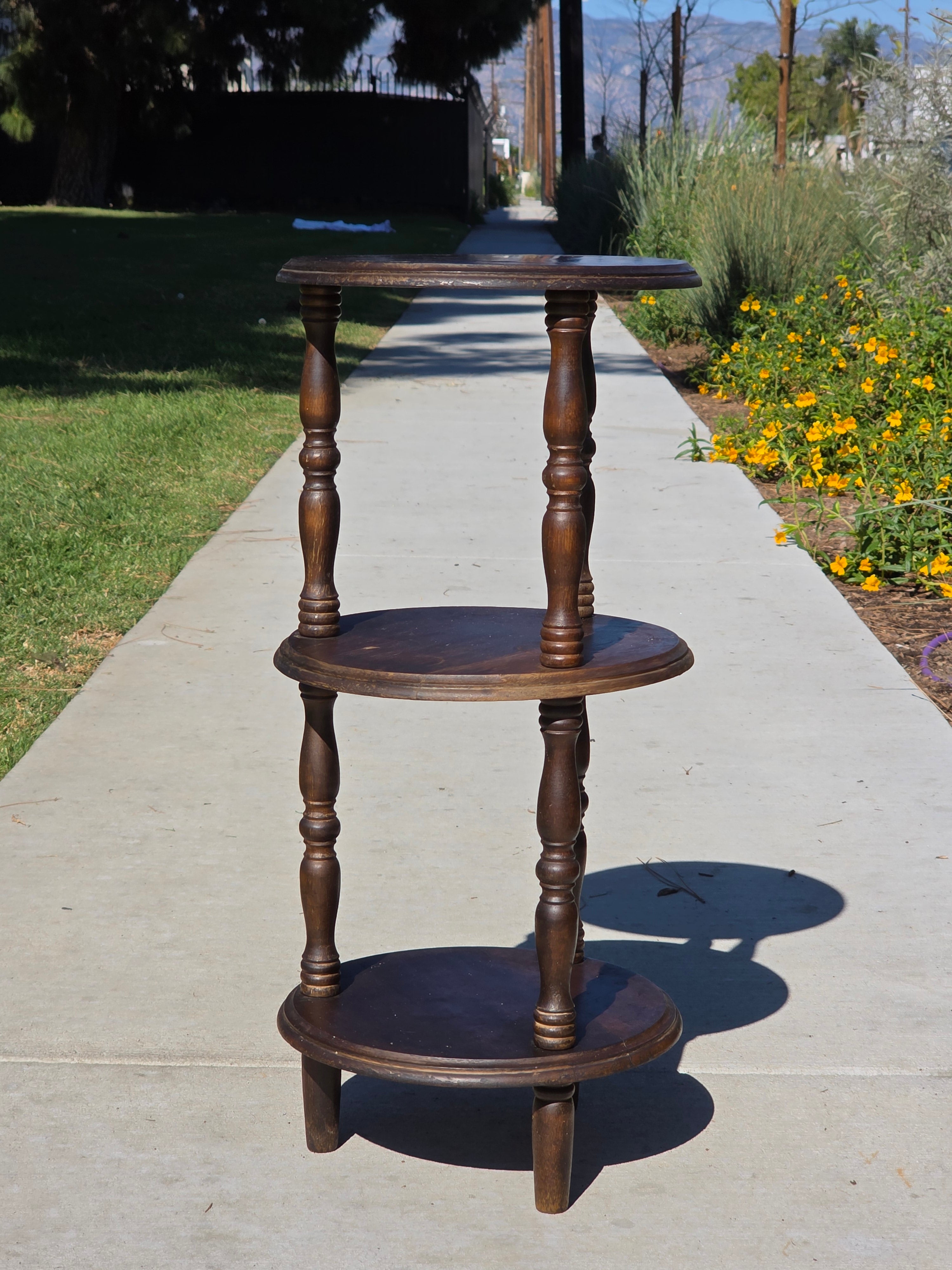 Vintage 3-Tier Turned Wood Plant Stand & Round Side Table (Circa 1960s)