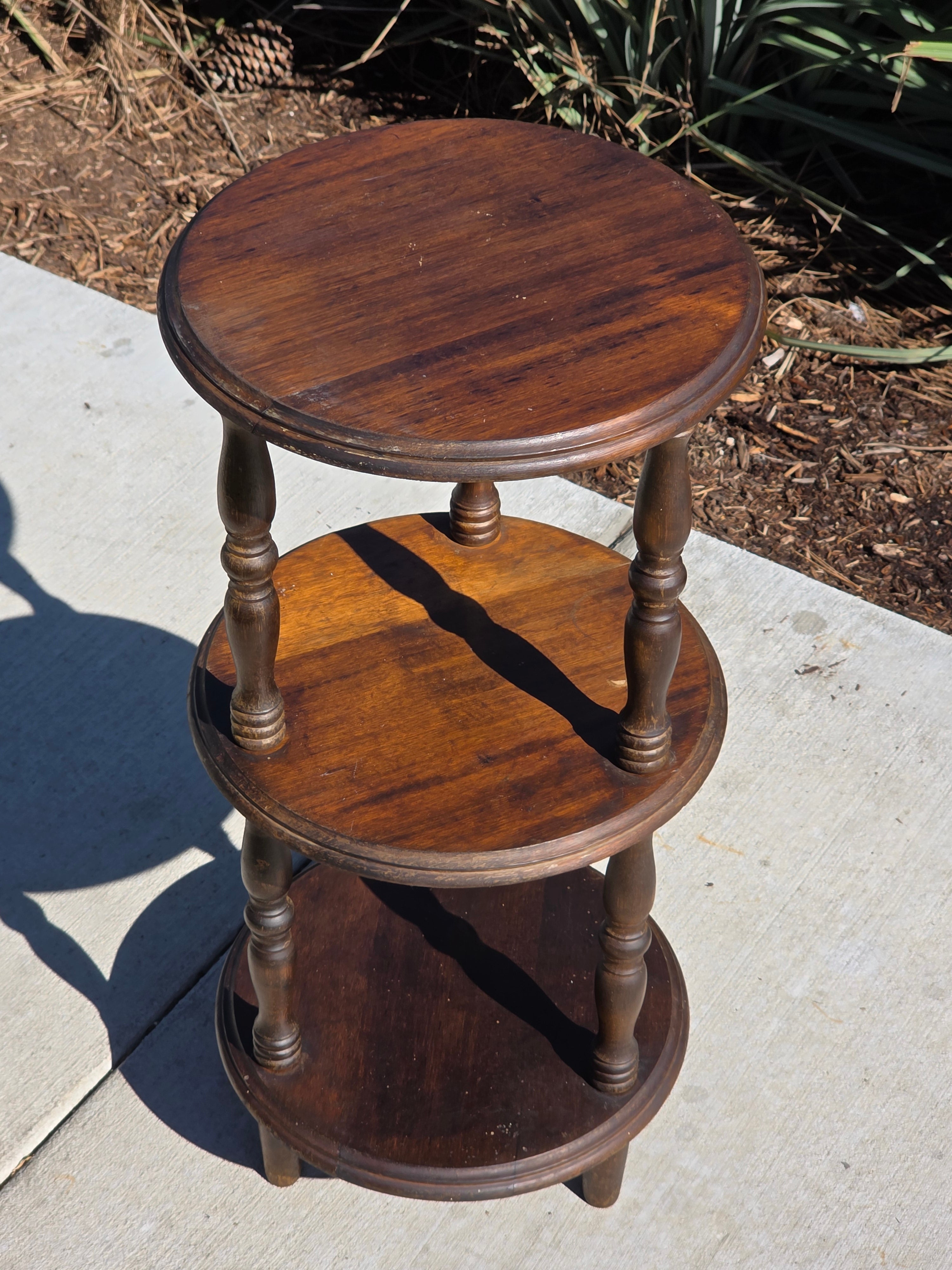 Vintage 3-Tier Turned Wood Plant Stand & Round Side Table (Circa 1960s)