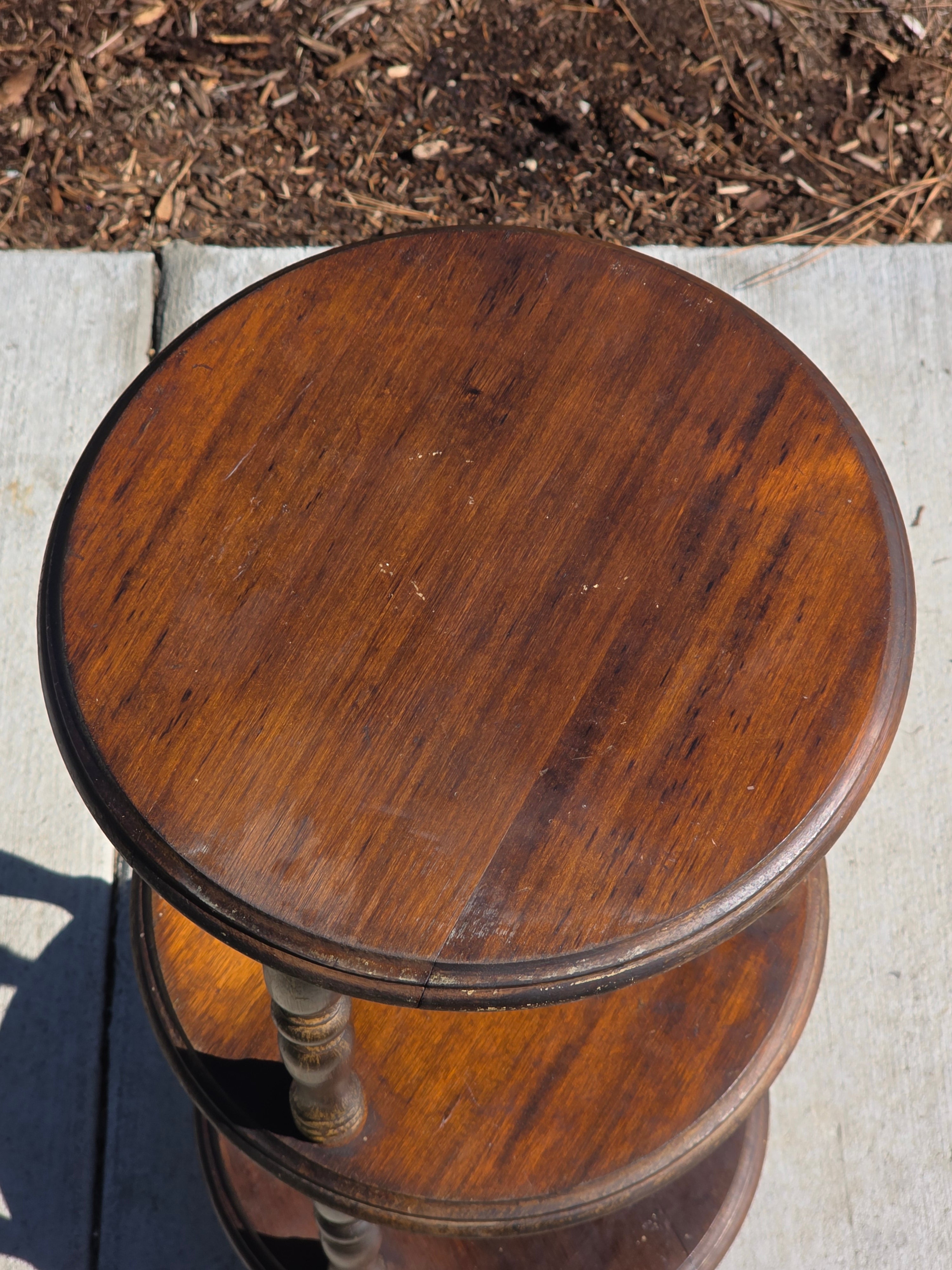 Vintage 3-Tier Turned Wood Plant Stand & Round Side Table (Circa 1960s)