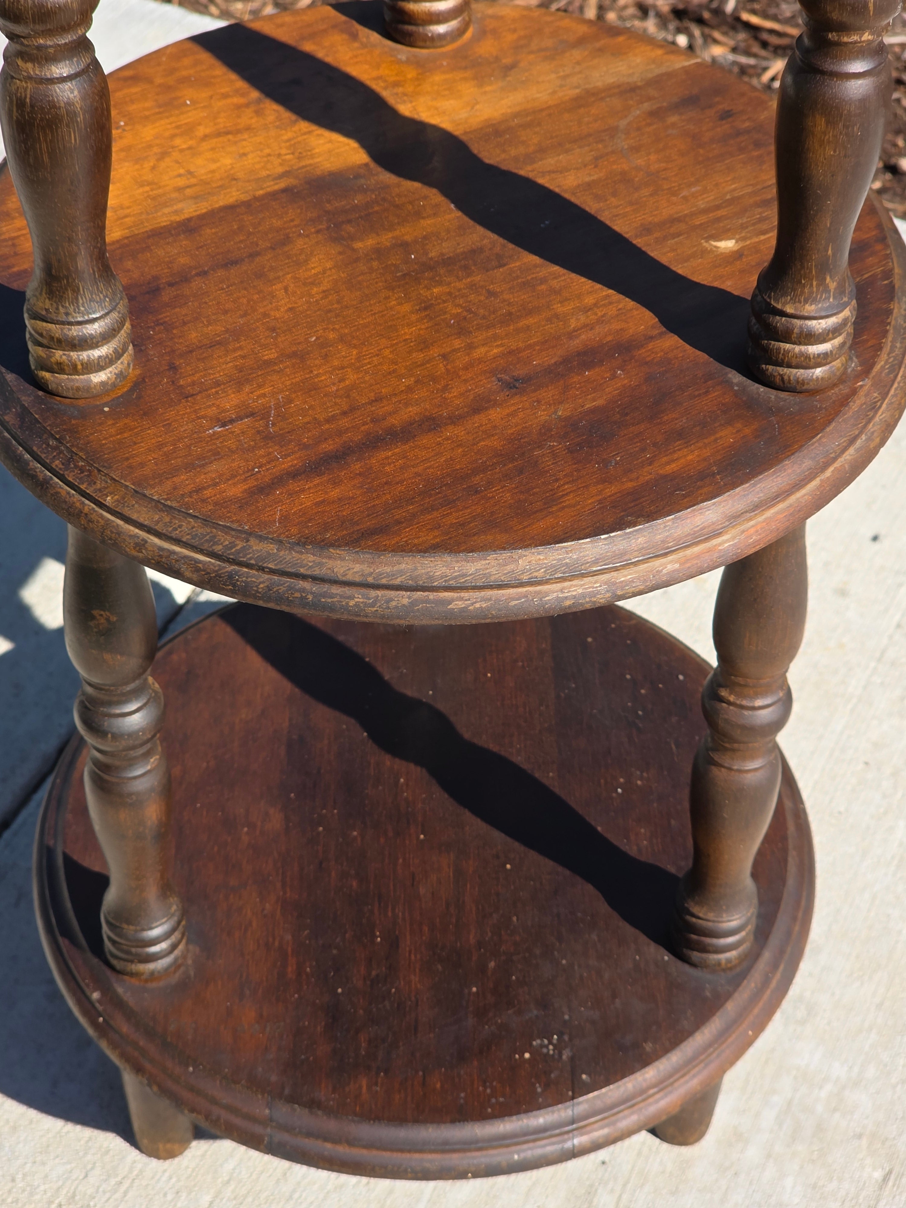 Vintage 3-Tier Turned Wood Plant Stand & Round Side Table (Circa 1960s)