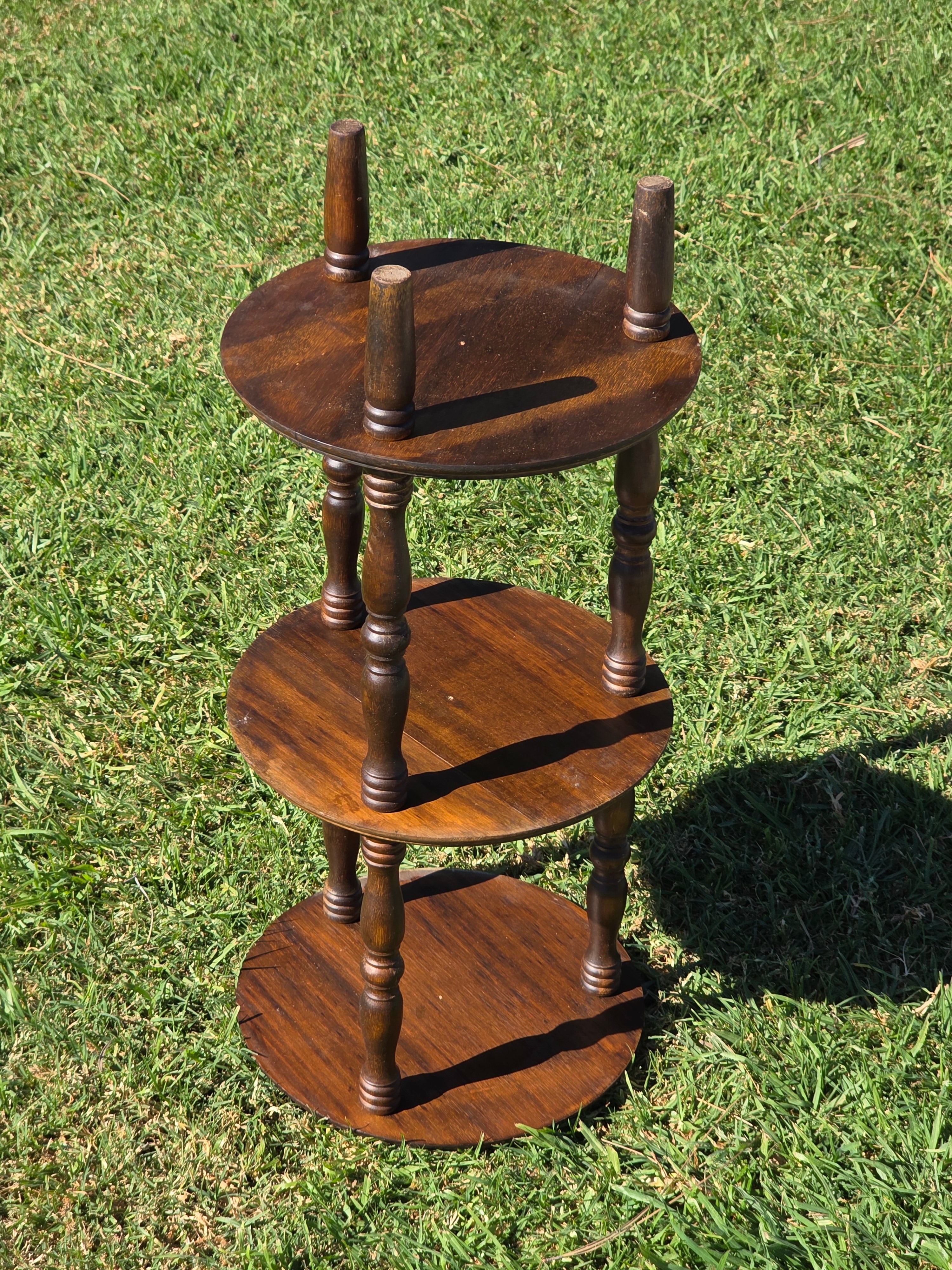 Vintage 3-Tier Turned Wood Plant Stand & Round Side Table (Circa 1960s)