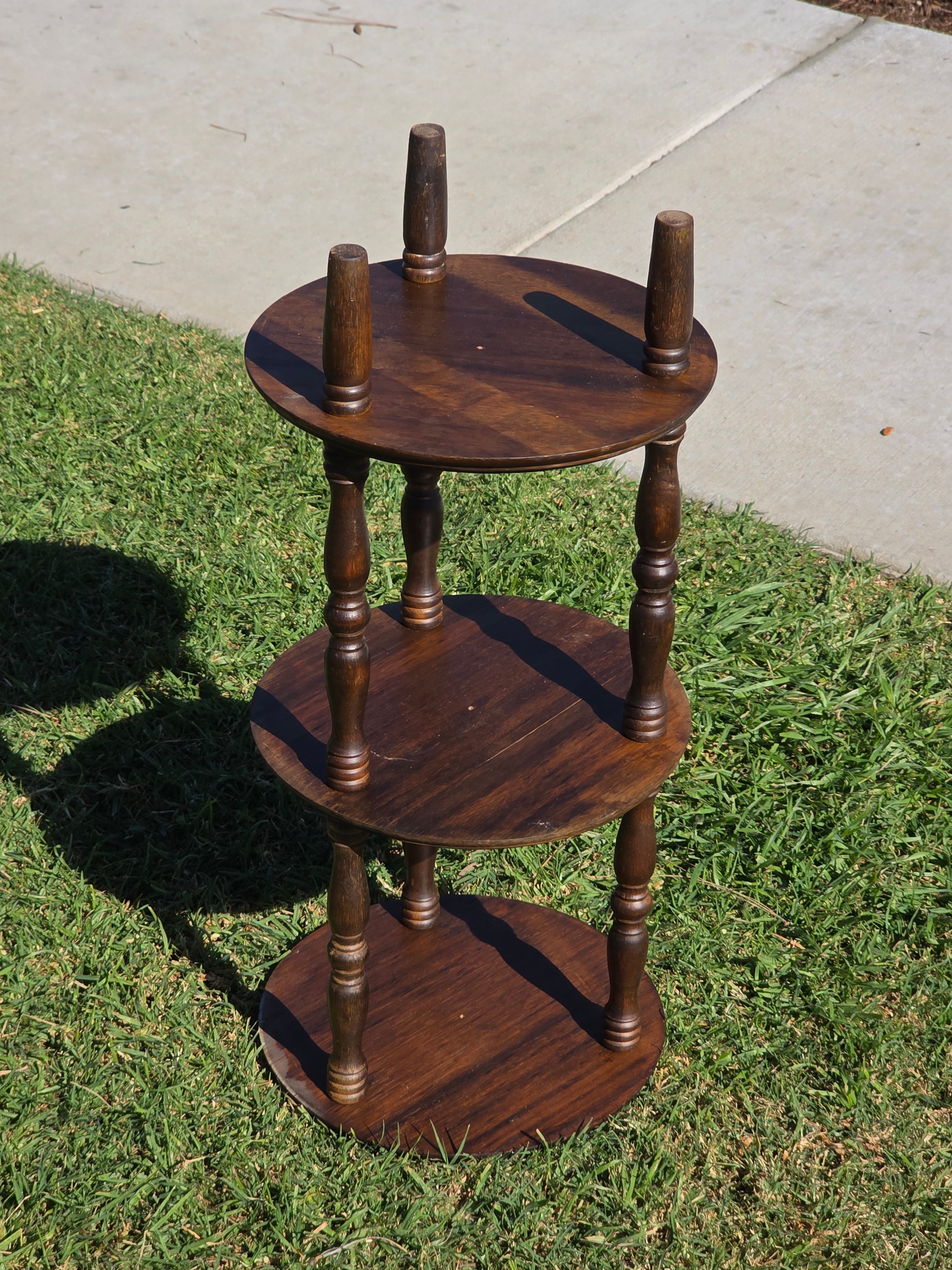 Vintage 3-Tier Turned Wood Plant Stand & Round Side Table (Circa 1960s)