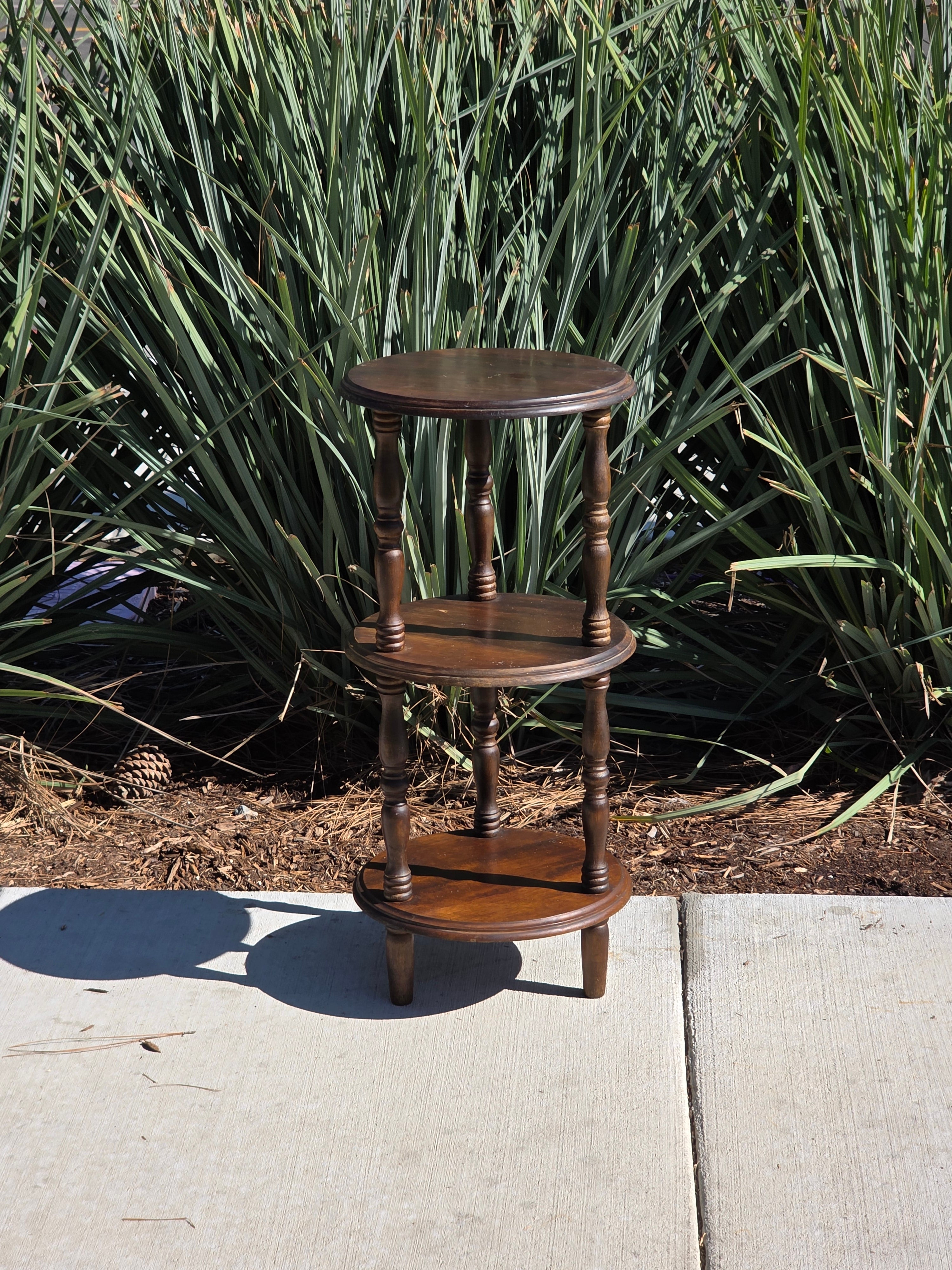 Vintage 3-Tier Turned Wood Plant Stand & Round Side Table (Circa 1960s)