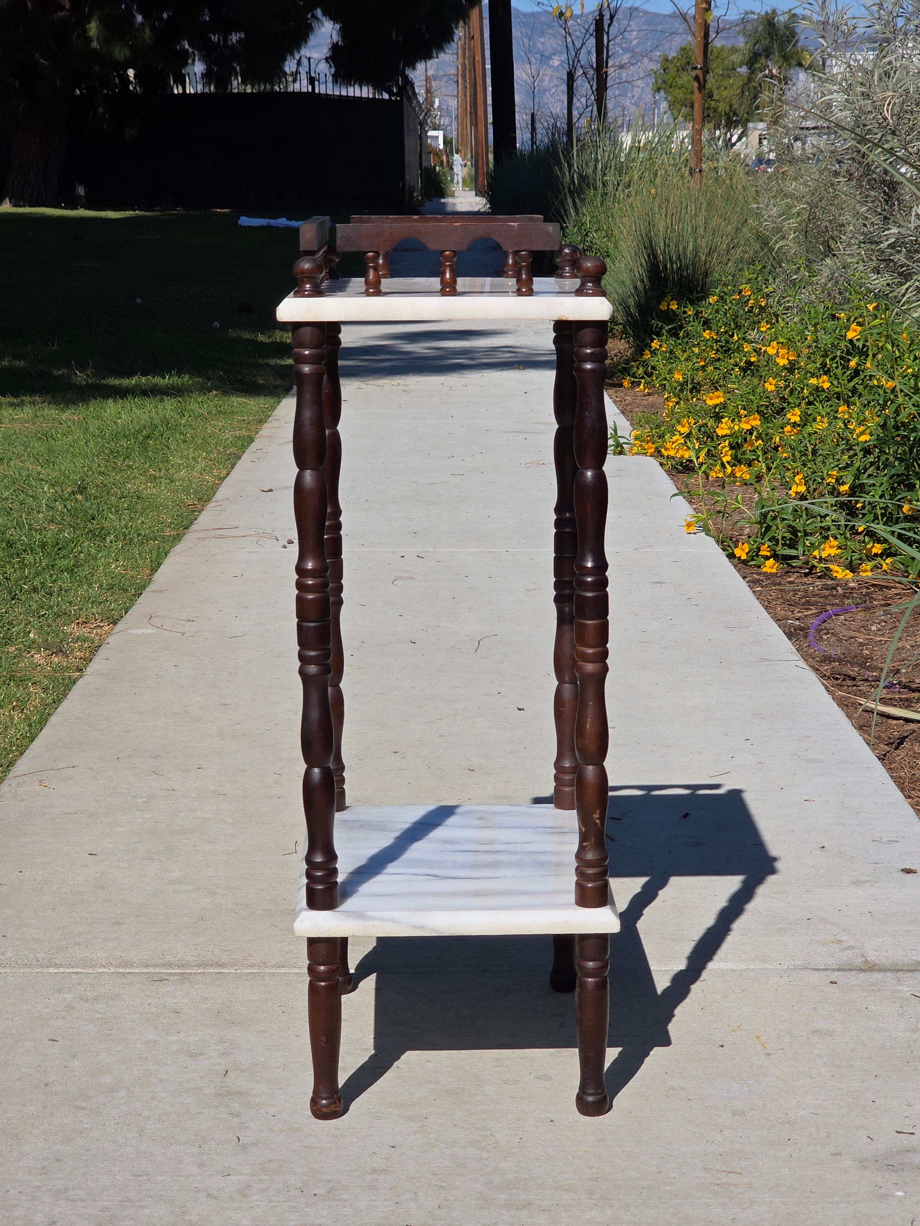 Vintage 2-Tier Marble & Wood Plant Stand Side Table