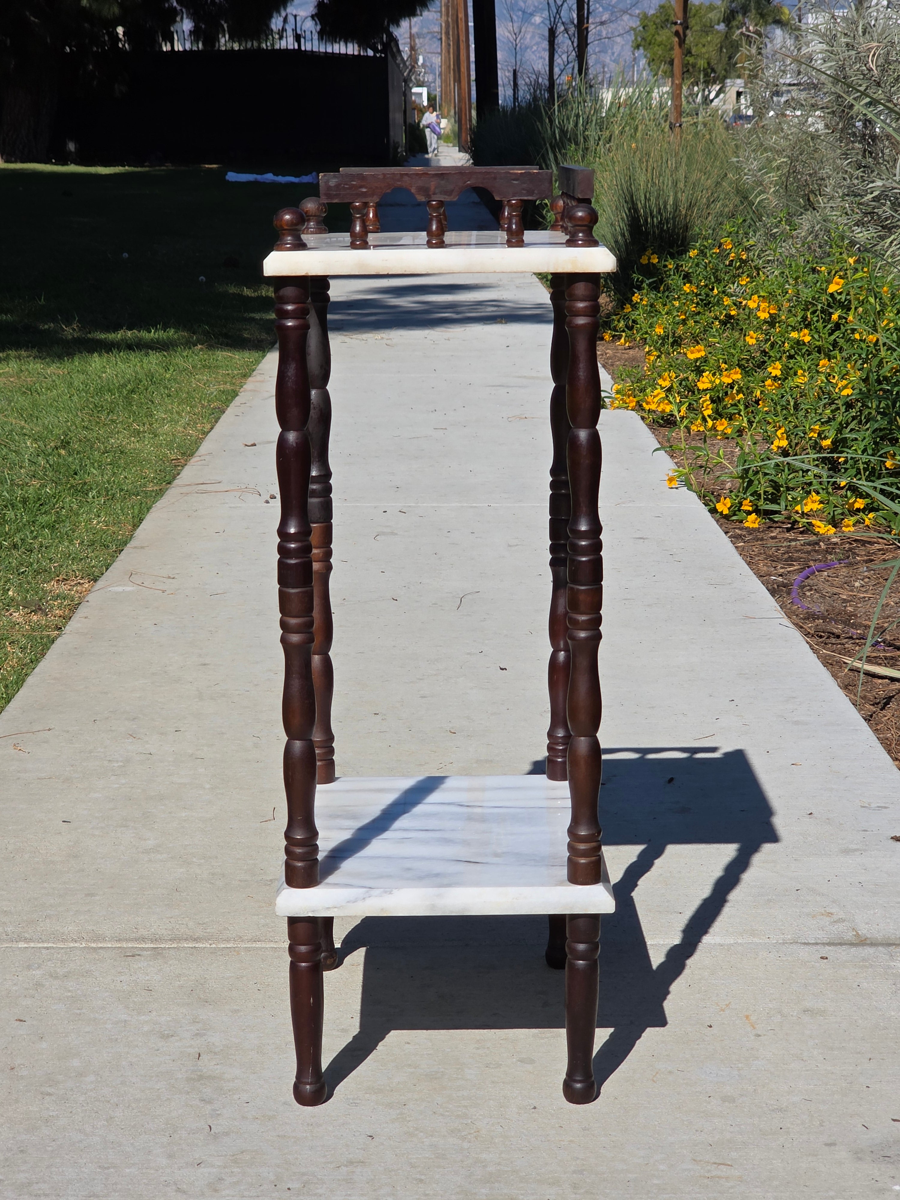 Vintage 2-Tier Marble & Wood Plant Stand Side Table