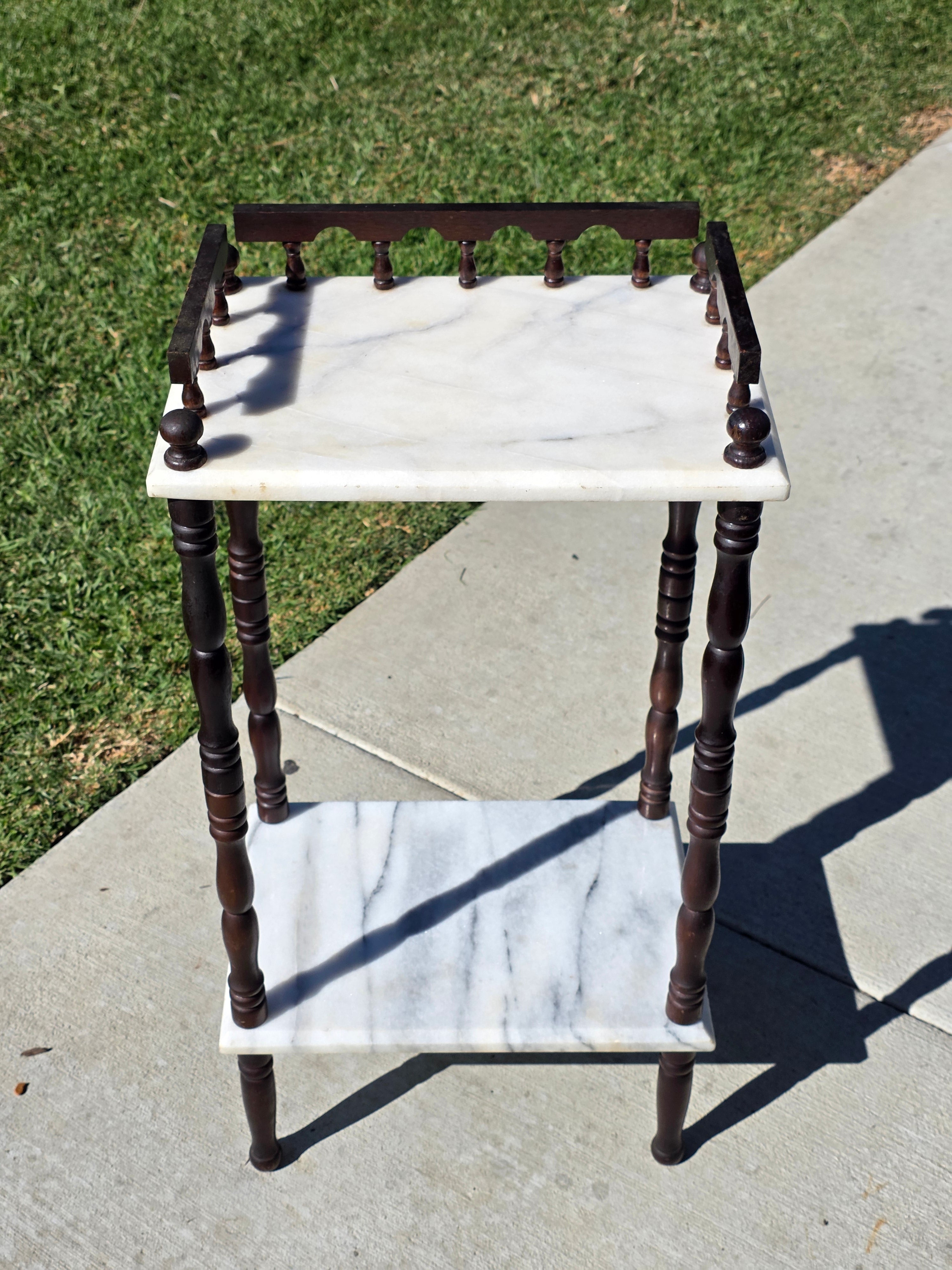 Vintage 2-Tier Marble & Wood Plant Stand Side Table
