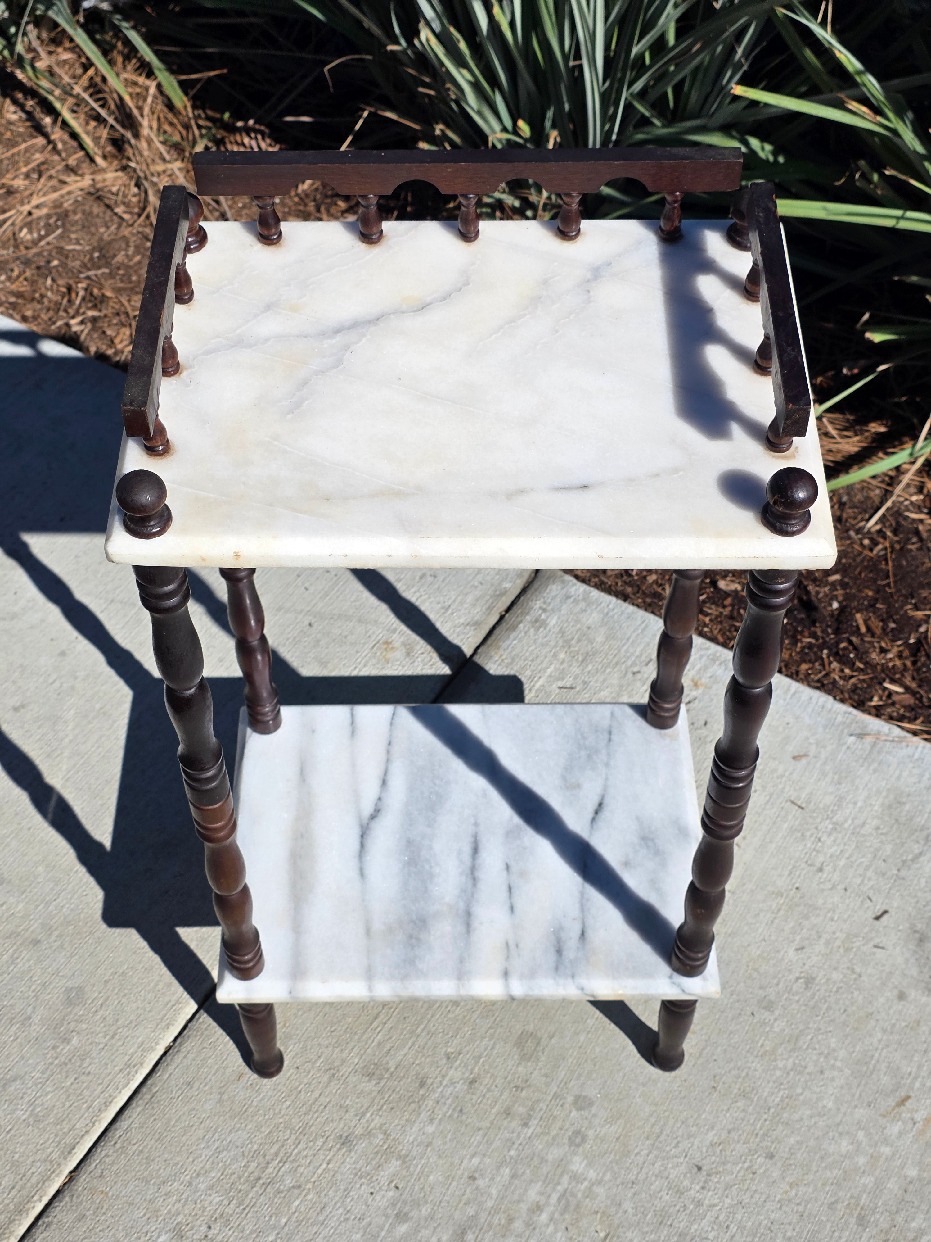 Vintage 2-Tier Marble & Wood Plant Stand Side Table