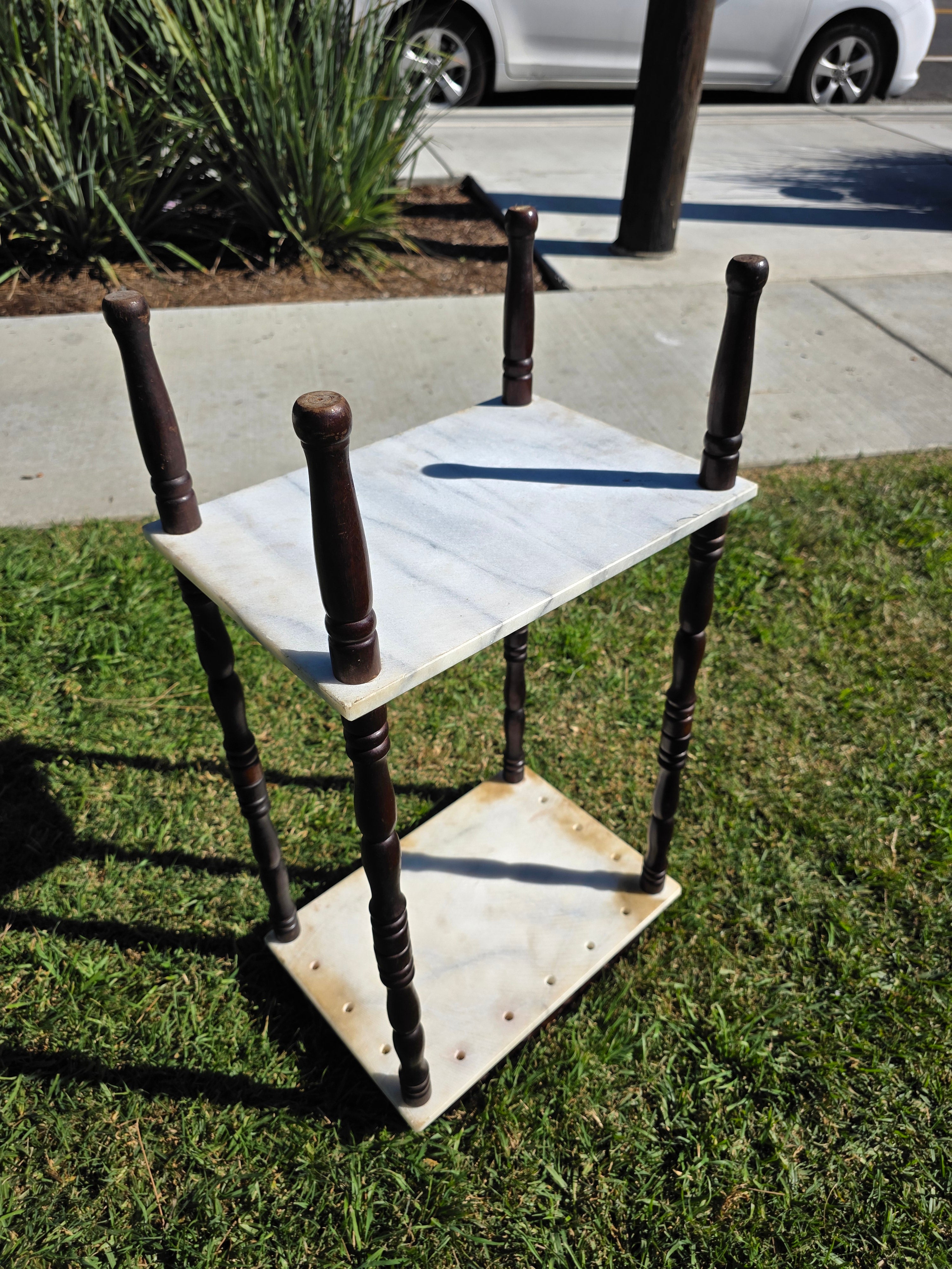 Vintage 2-Tier Marble & Wood Plant Stand Side Table