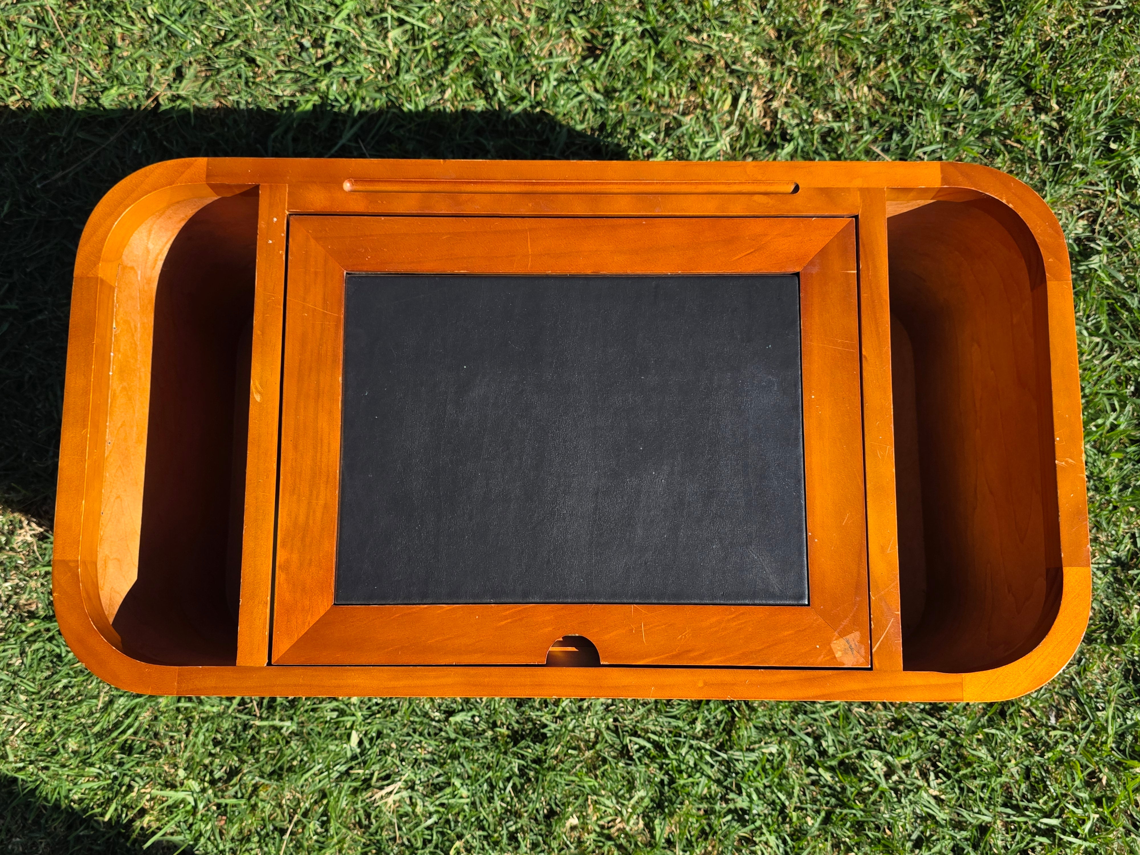 Vintage Solid Pine & Leather Laptop Bed Tray with Side Magazine Racks