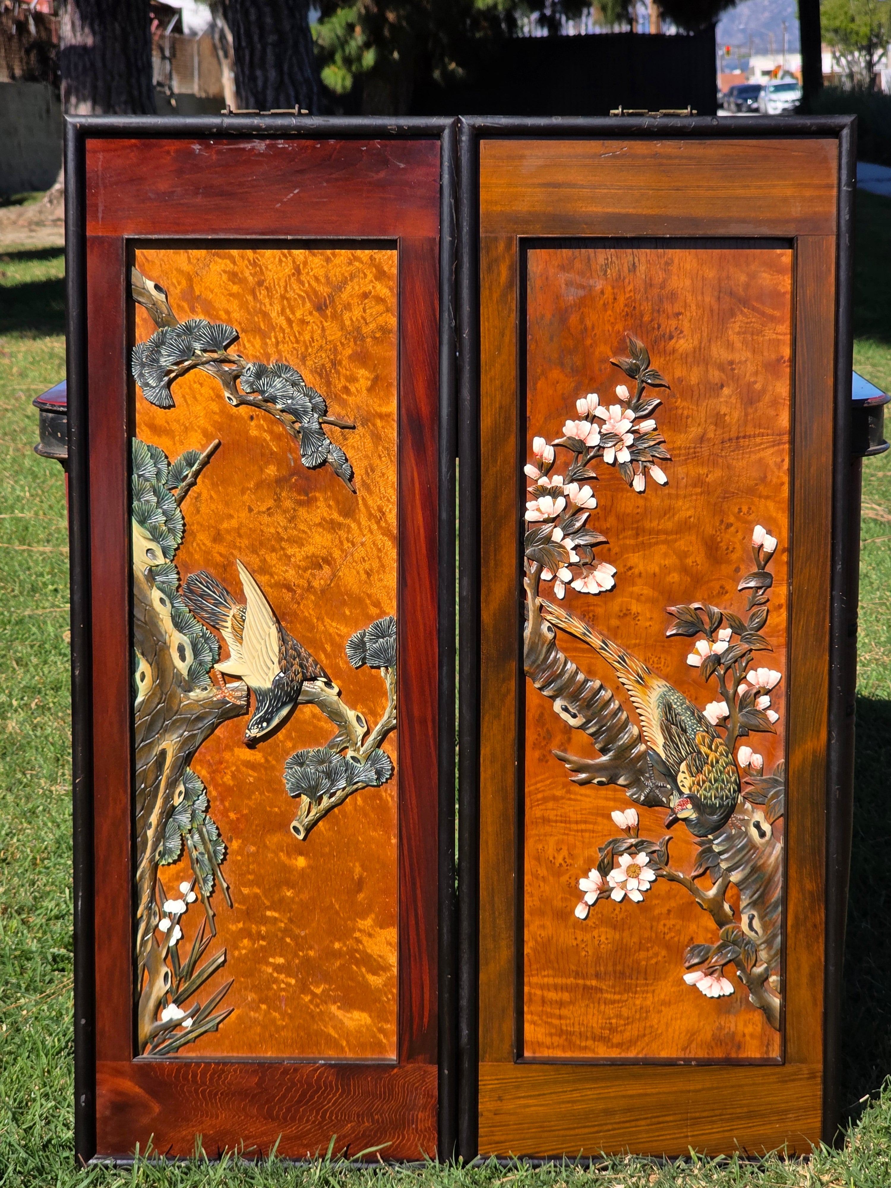 Vintage Pair of Framed 3D Carved Wood Wall Panels - Flowers & Birds