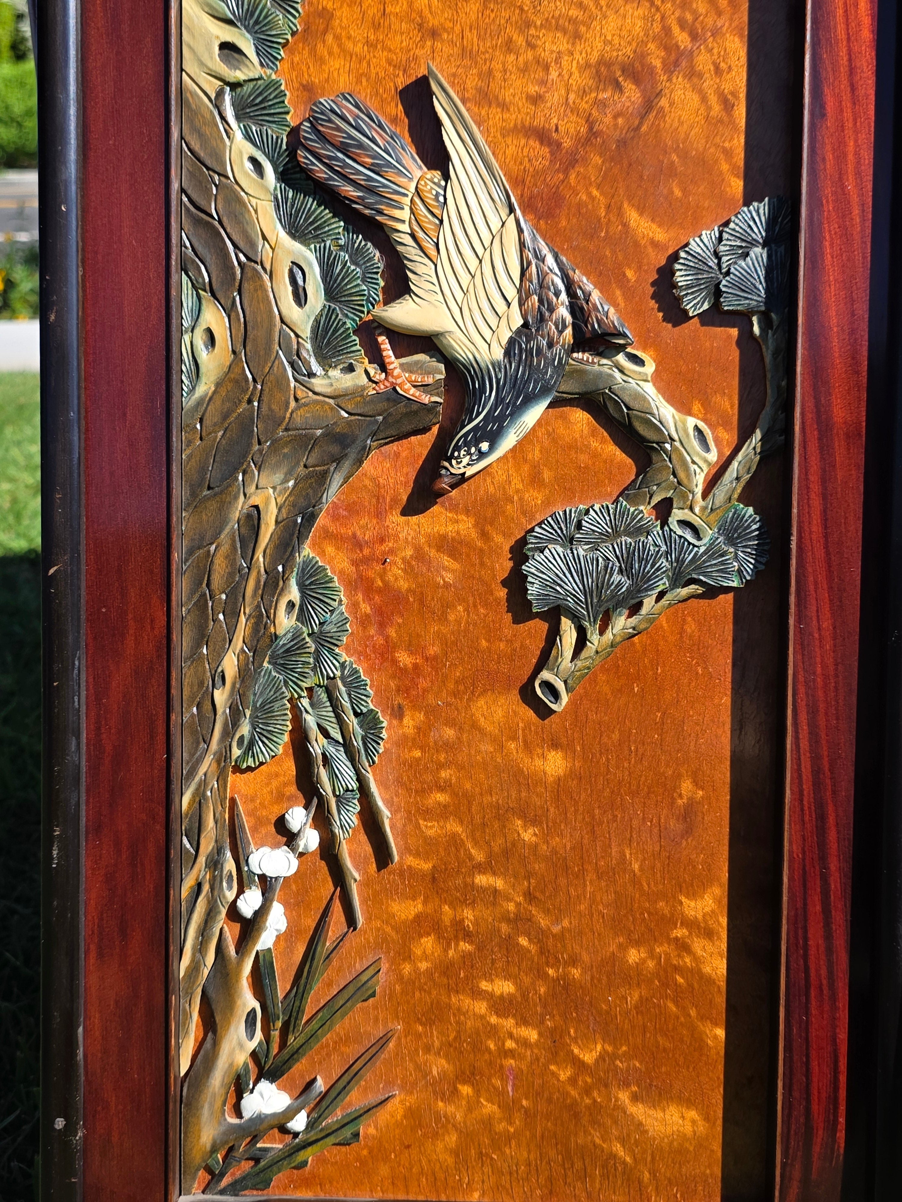 Vintage Pair of Framed 3D Carved Wood Wall Panels - Flowers & Birds