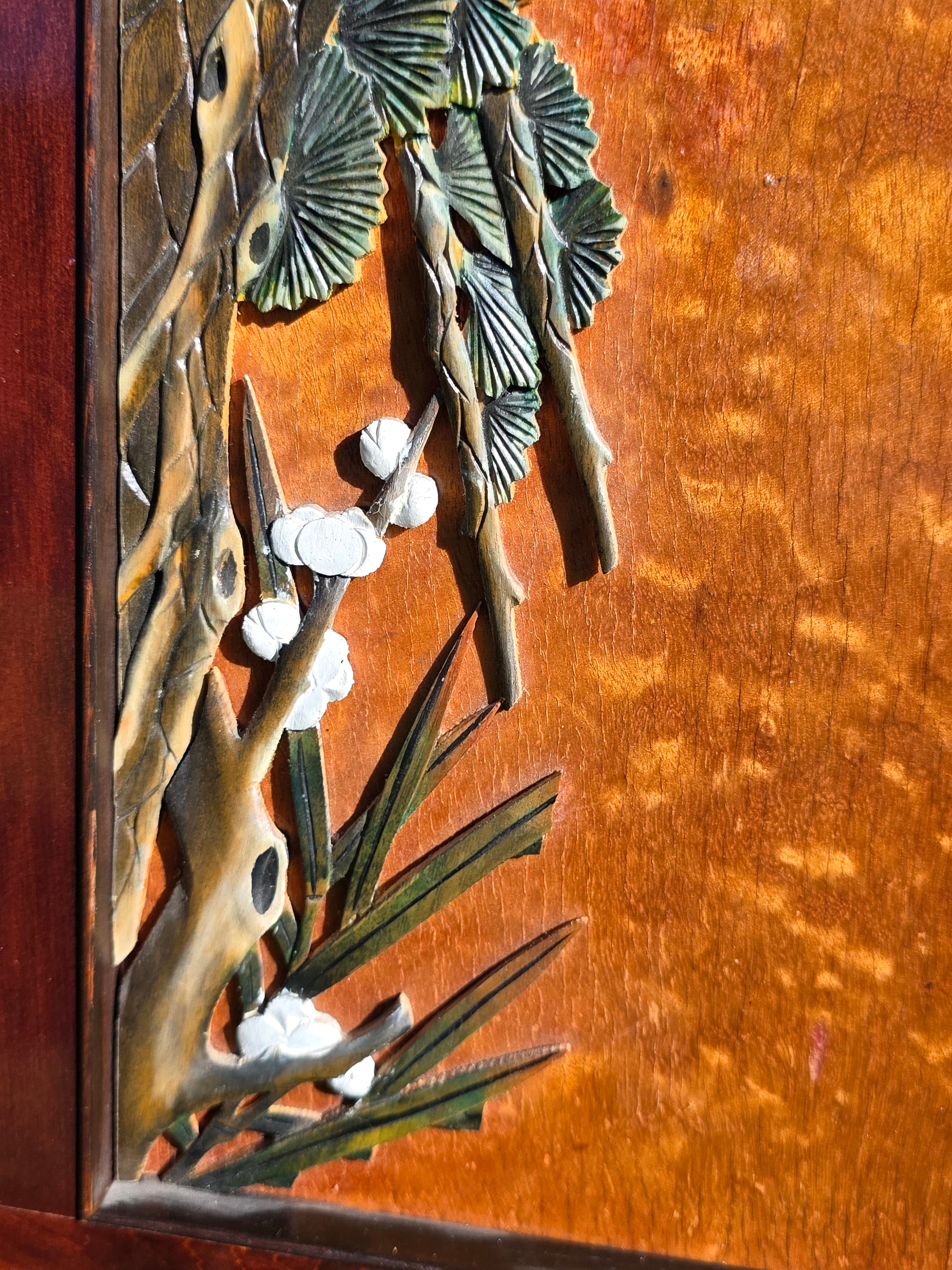 Vintage Pair of Framed 3D Carved Wood Wall Panels - Flowers & Birds