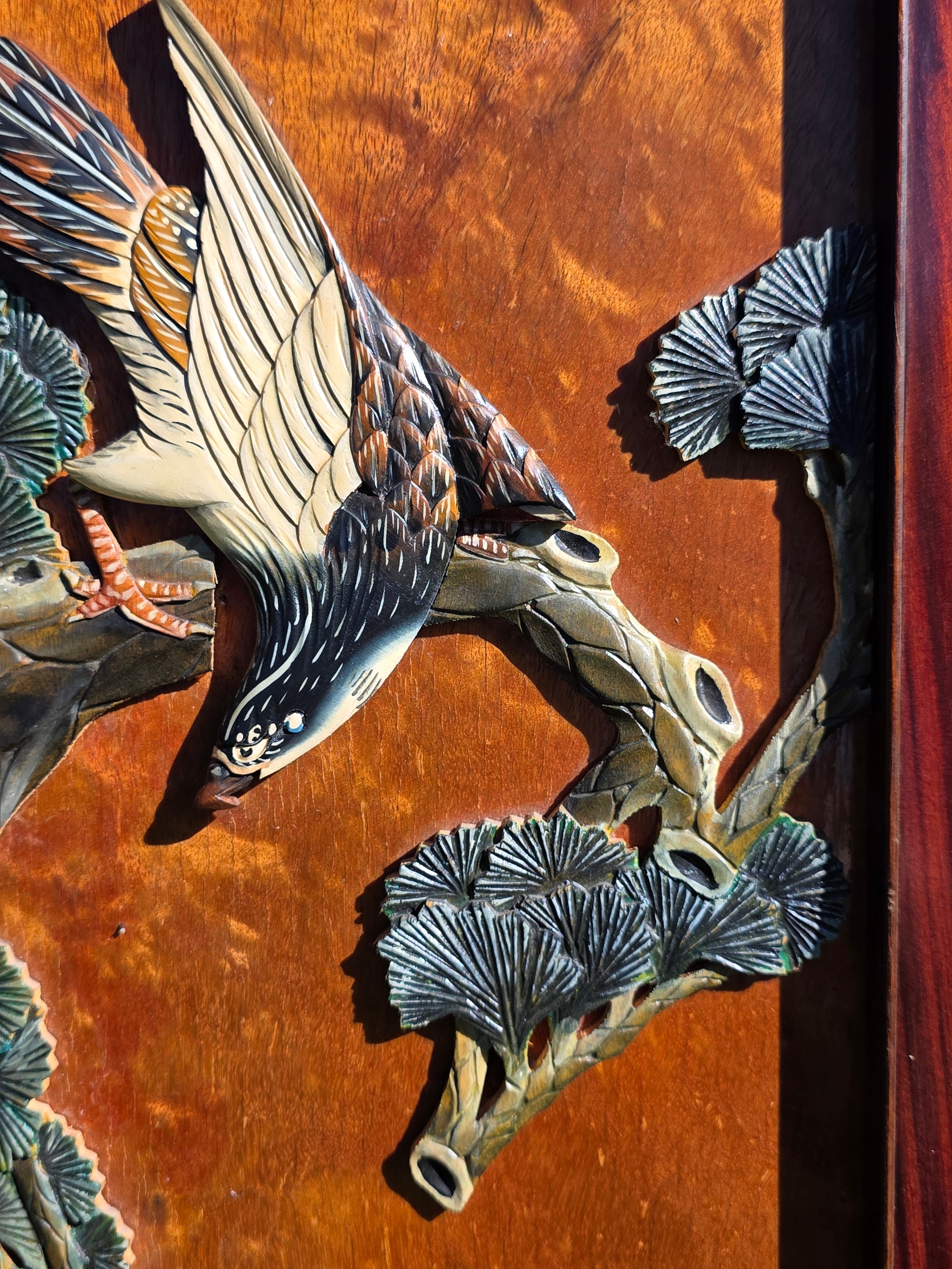 Vintage Pair of Framed 3D Carved Wood Wall Panels - Flowers & Birds