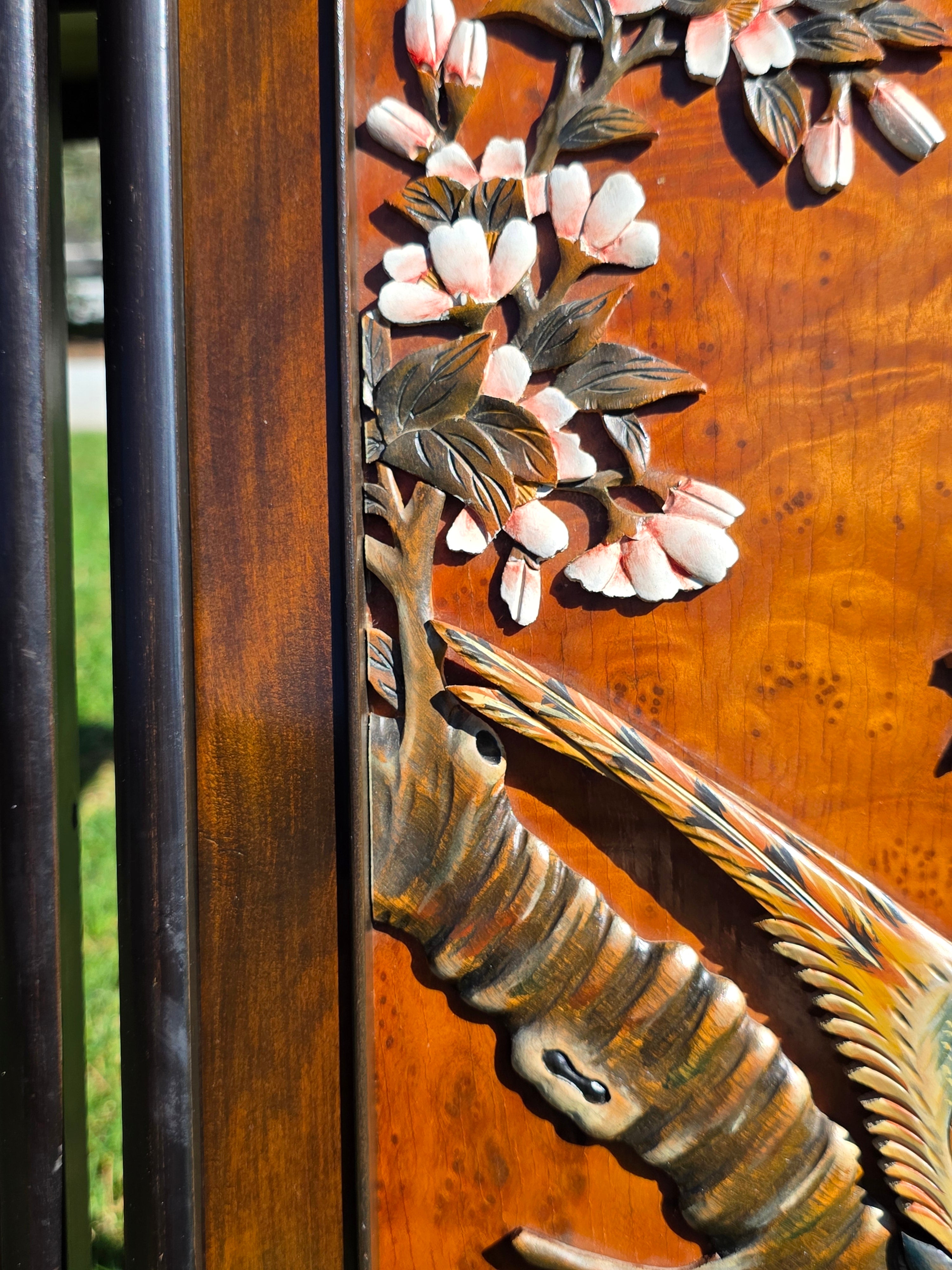 Vintage Pair of Framed 3D Carved Wood Wall Panels - Flowers & Birds