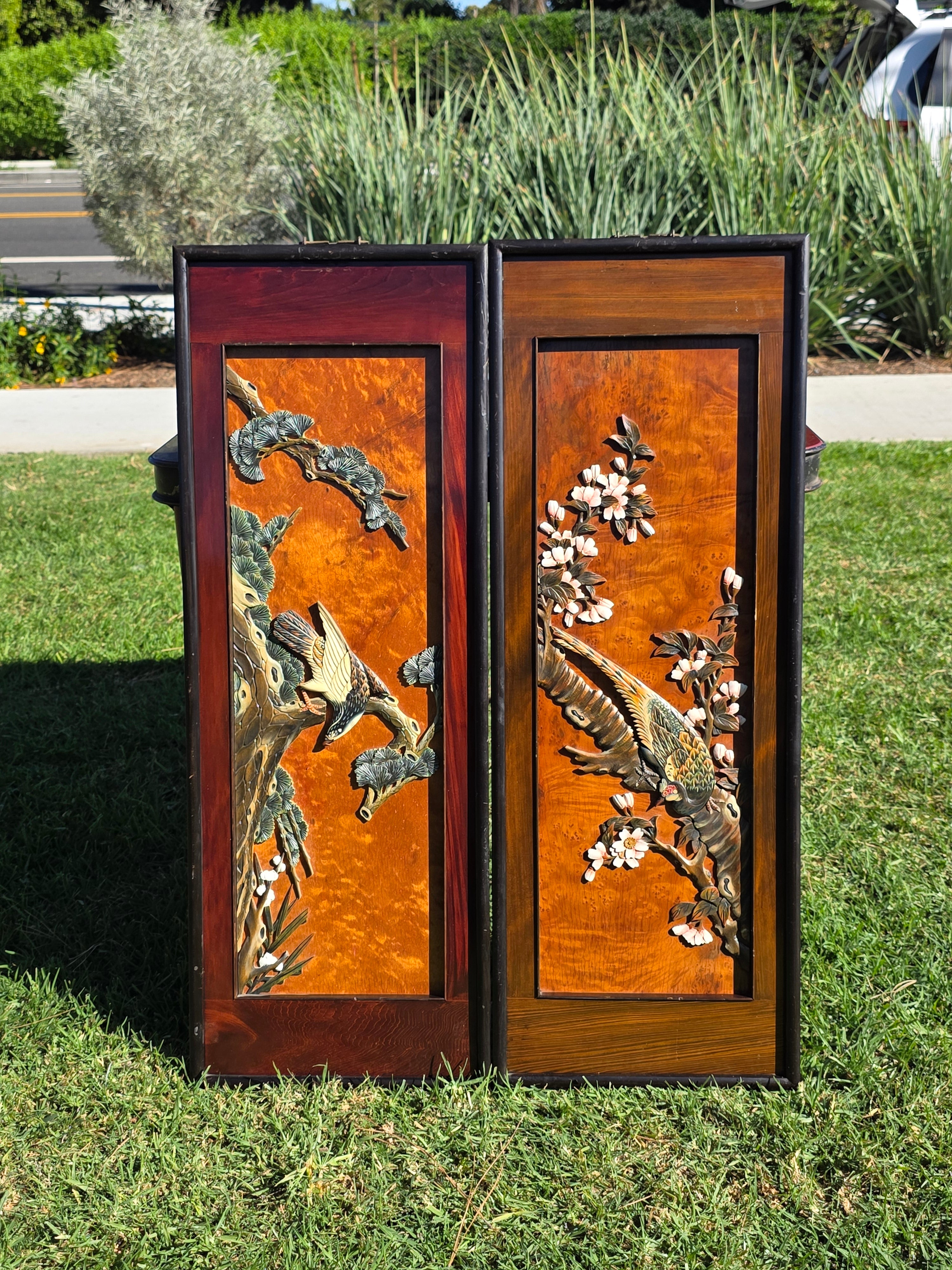 Vintage Pair of Framed 3D Carved Wood Wall Panels - Flowers & Birds