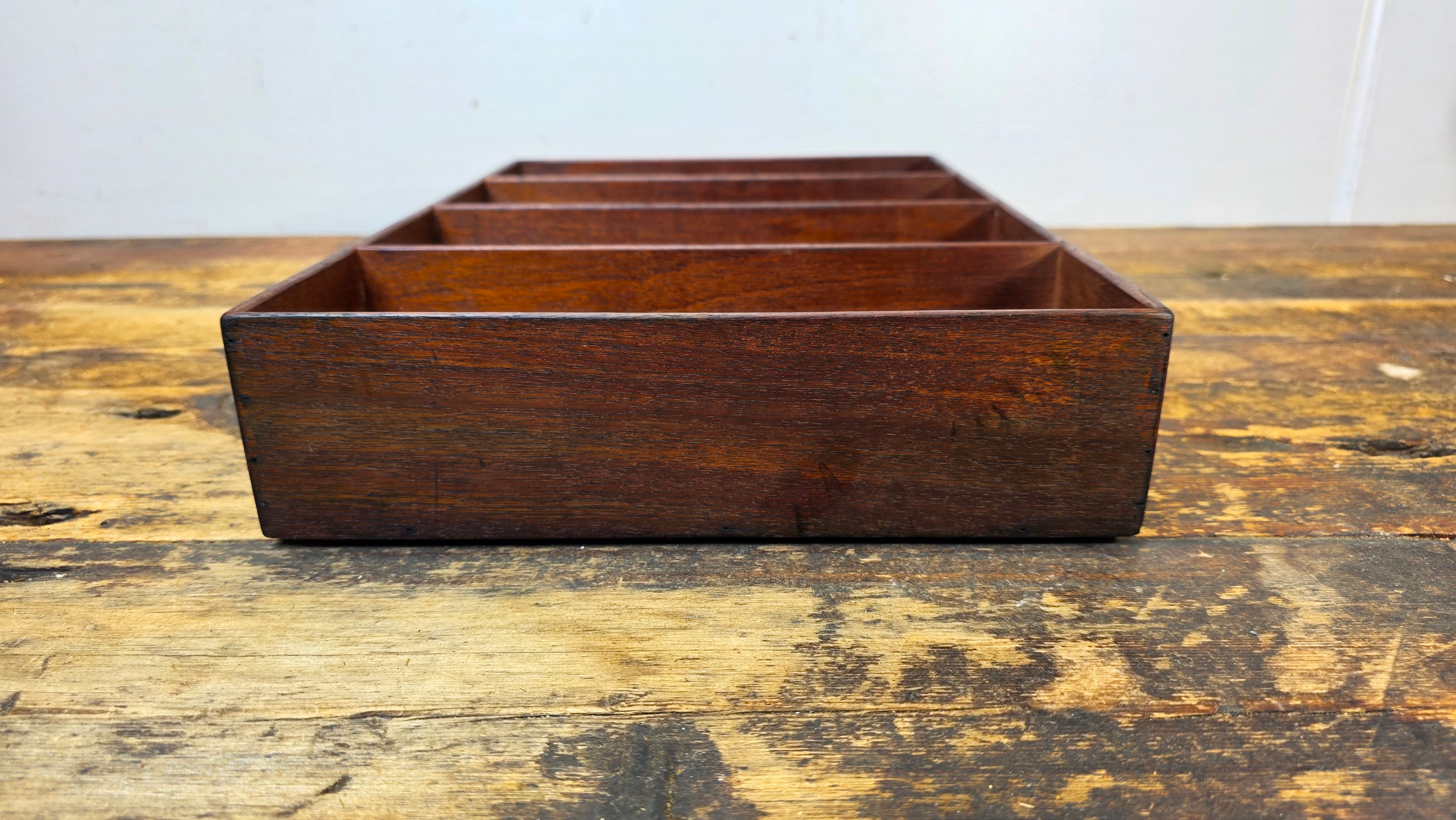 Vintage 4-Compartment Wooden Desk Organizer Tray with Pin-Nail Construction