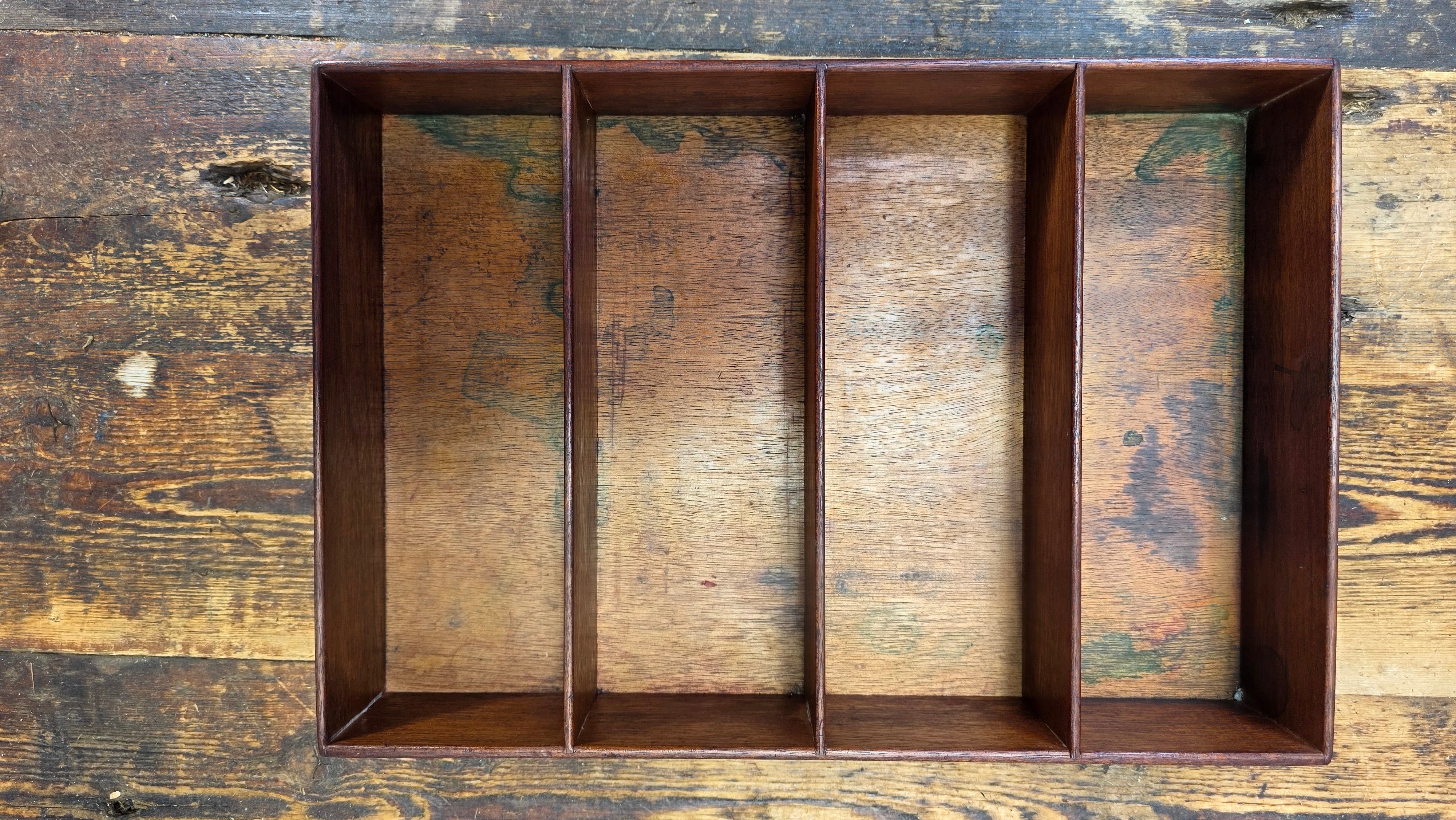 Vintage 4-Compartment Wooden Desk Organizer Tray with Pin-Nail Construction