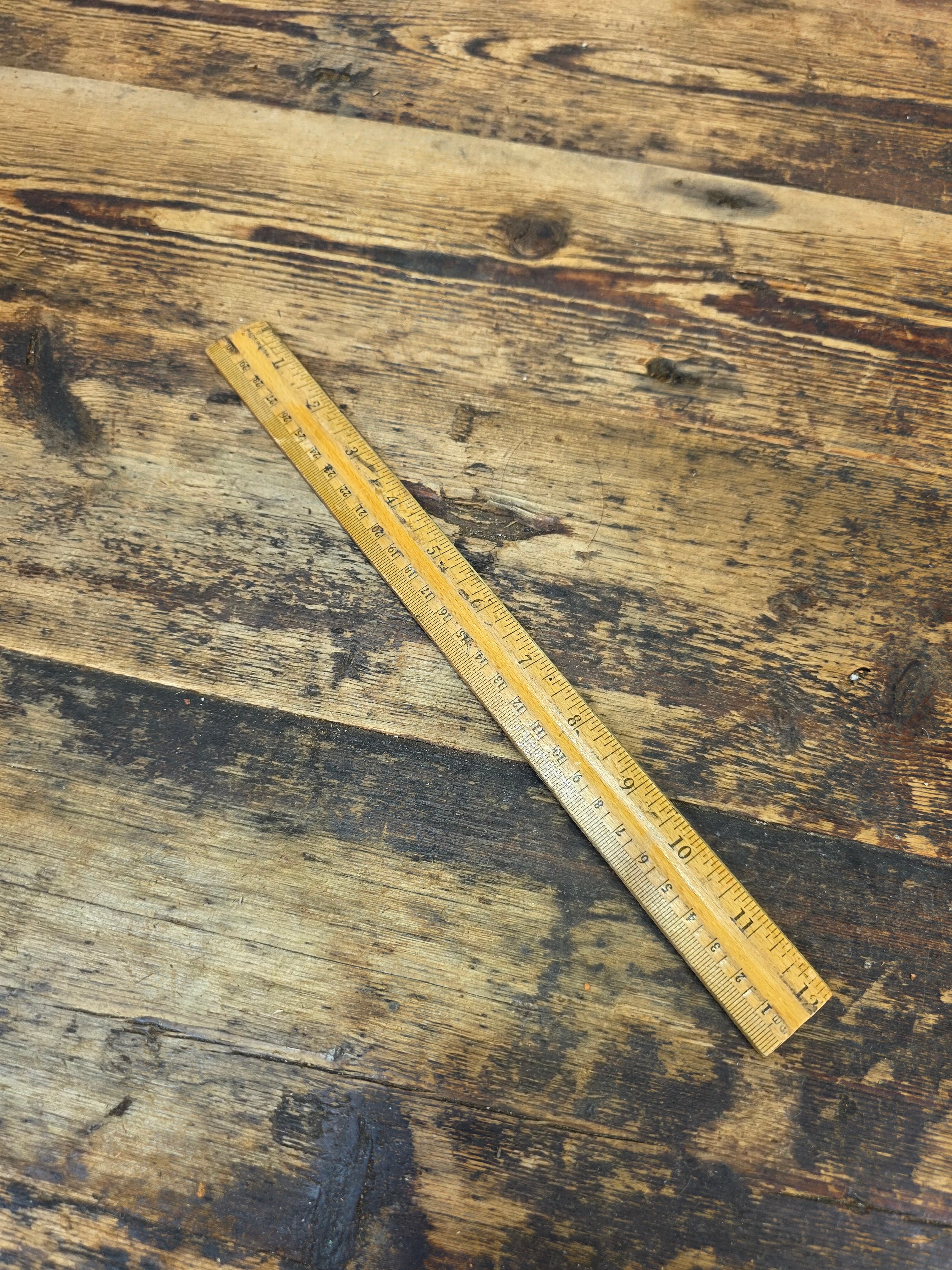 Vintage 12" Wooden Desk Ruler with Brass Edge - Made in USA - Drafting Tool