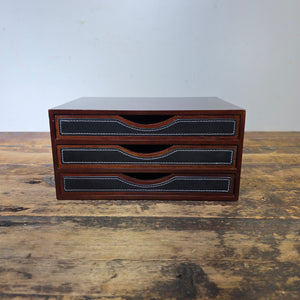 Levenger 3-Drawer Desktop Organizer Chest Wood & Stitched Leather Inlay