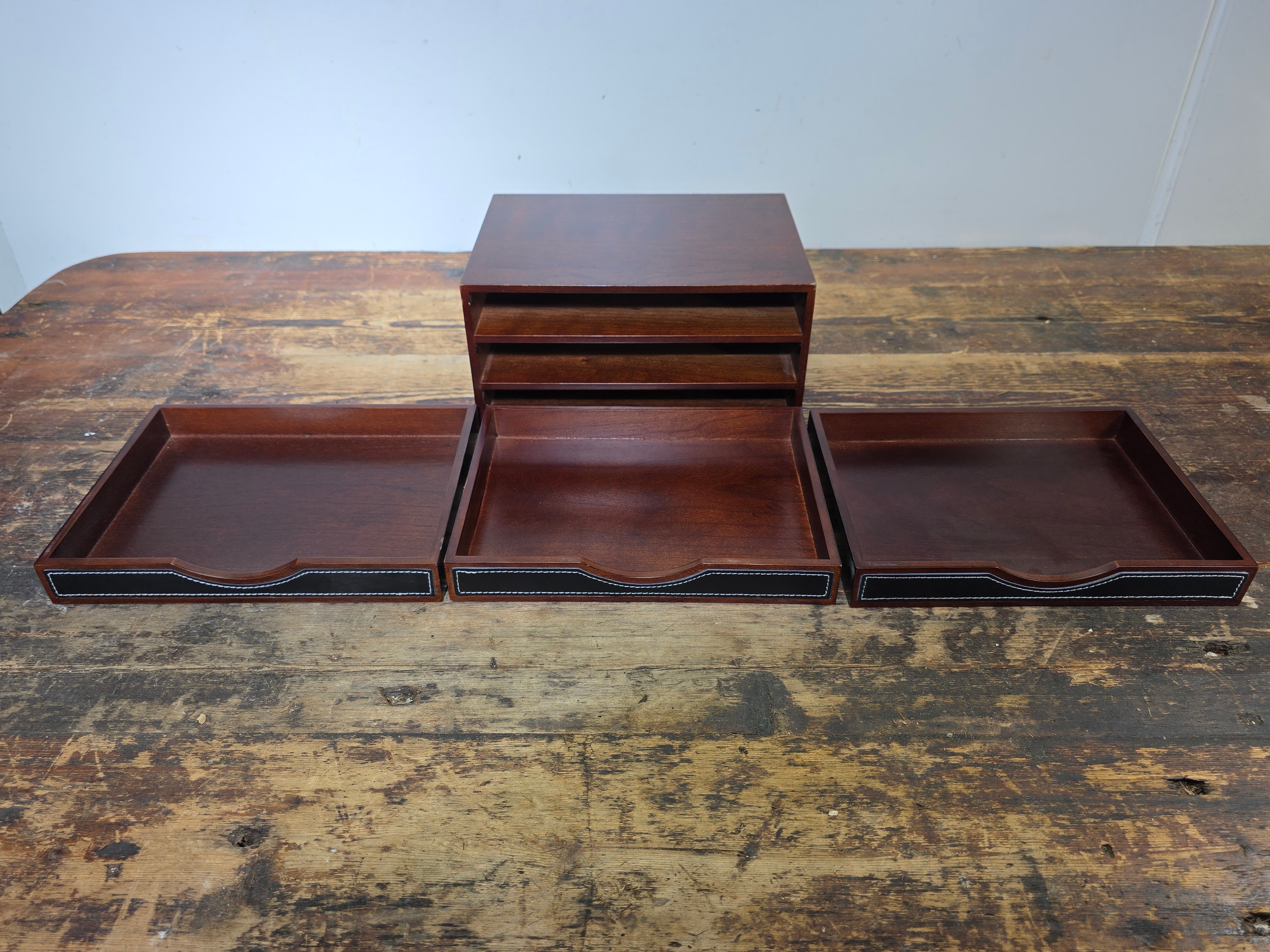 Levenger 3-Drawer Desktop Organizer Chest Wood & Stitched Leather Inlay